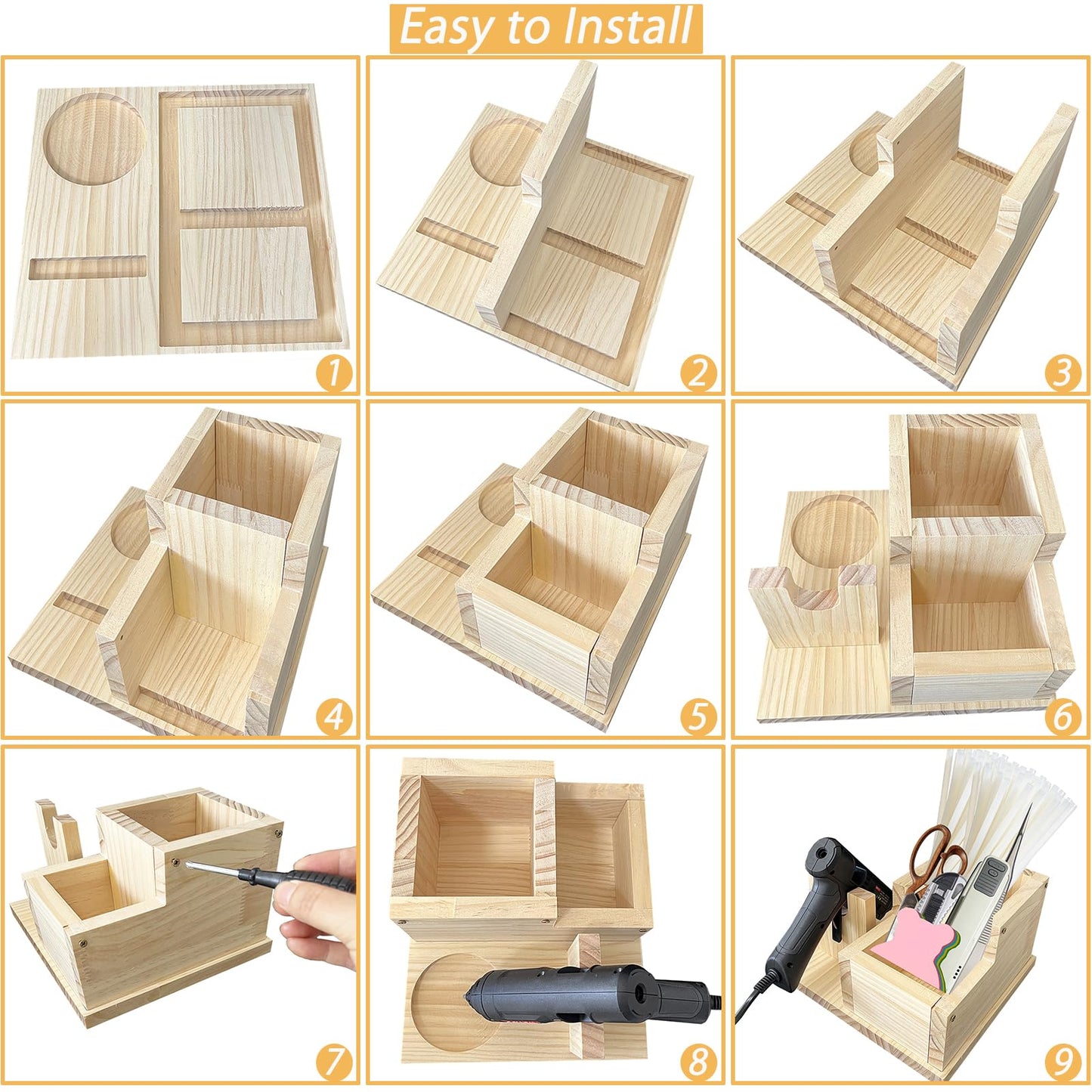 Kyuwdone Wooden Mini Hot Glue Gun Holder with Glue Stick Organizer, Hot Melt Gun Kit Storage Compartments, for DIY, Crafts, Home School Project KW009-Plus