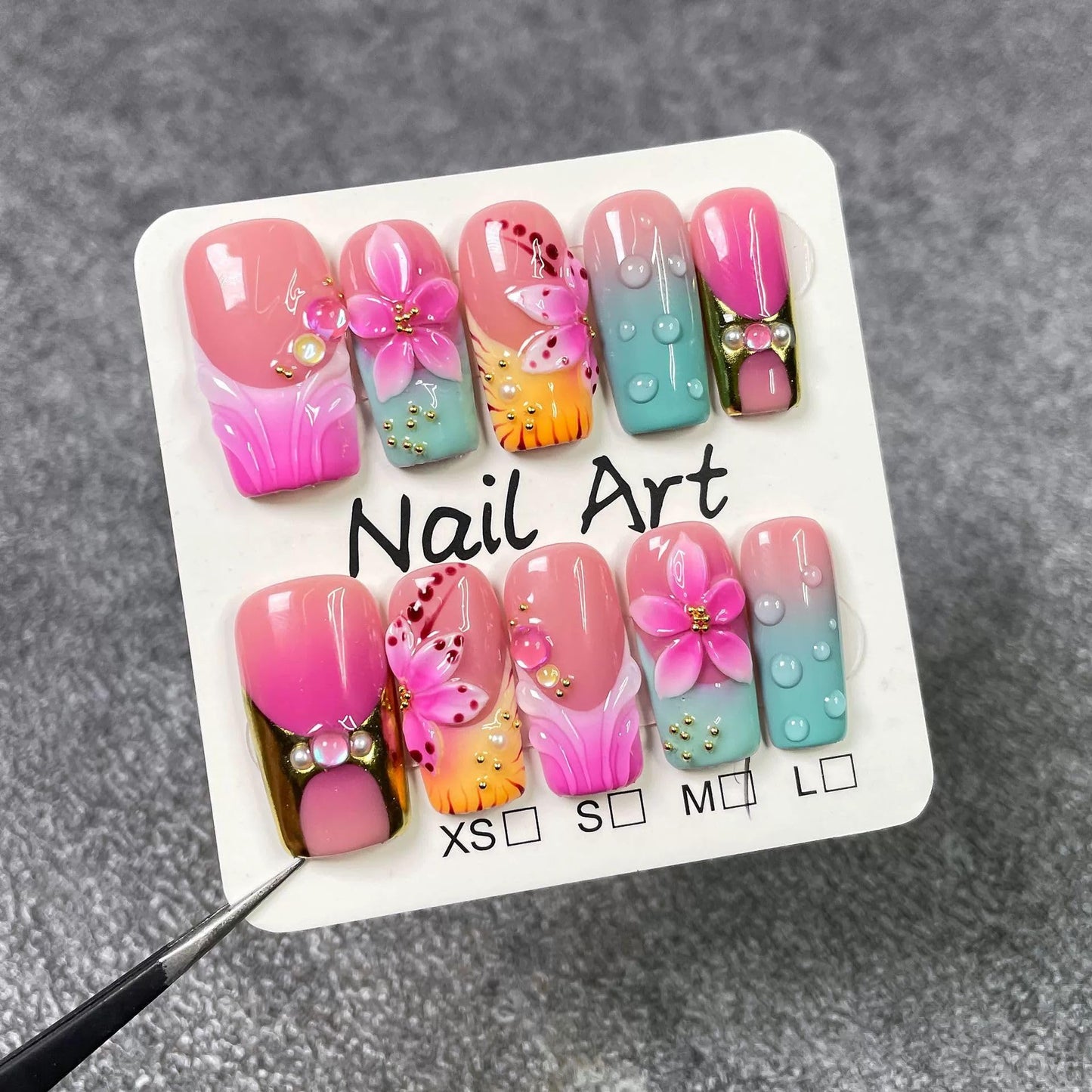 Threelegscat Square Handmade Press on Nails Medium Nails Press Ons With 3d Flower and French Tip Design Reusable Fake Nails for Women for Spring and Holiday 10pcs M Size Pattern S1107