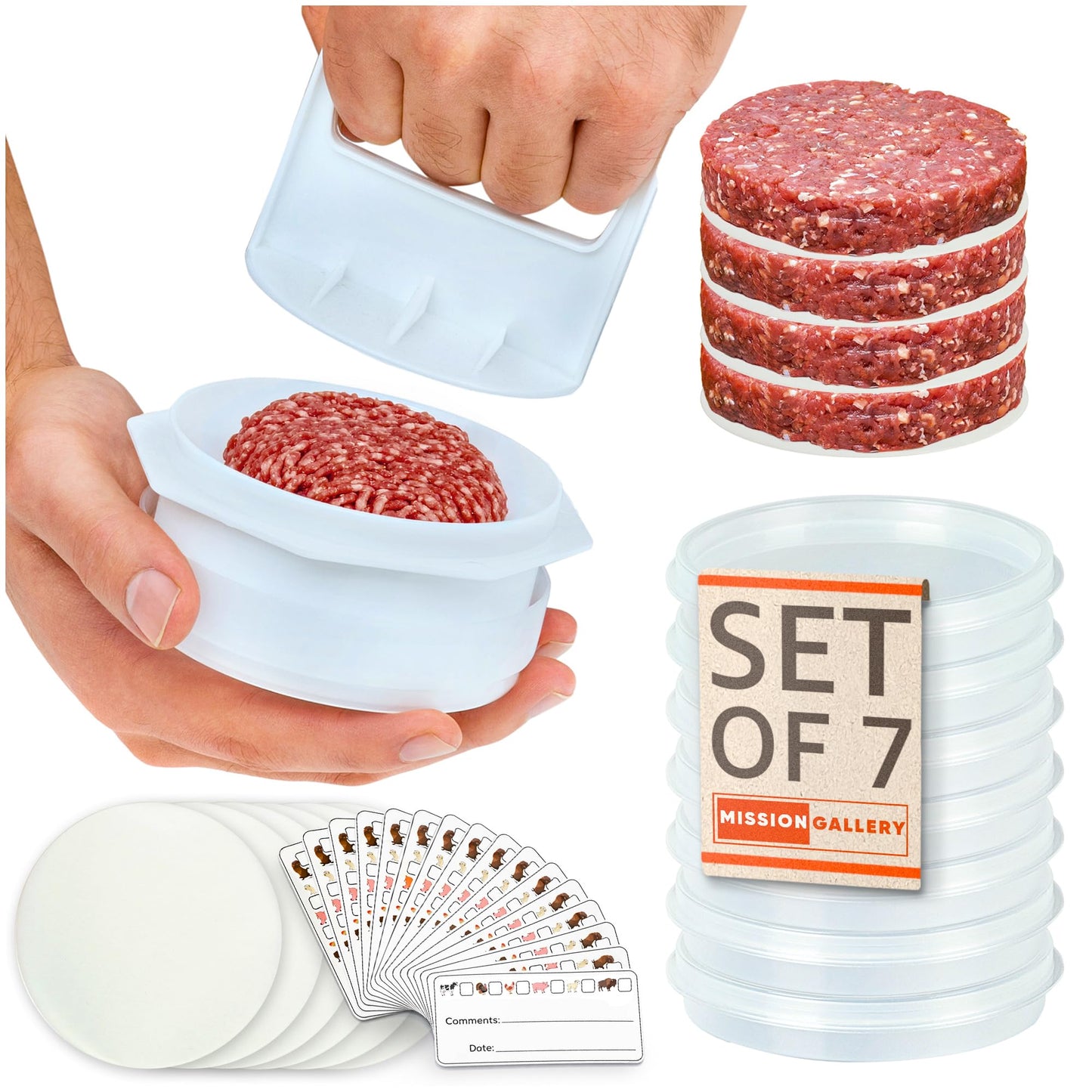 Mission Gallery Hamburger Press Patty Maker - 4 in1, Burger Mold, Patty Press, 7 Storage Containers, 100 Round Papers - Hamburger Patty Maker Tool for BBQ - Burger Shaper for Meat, Veggie Patties