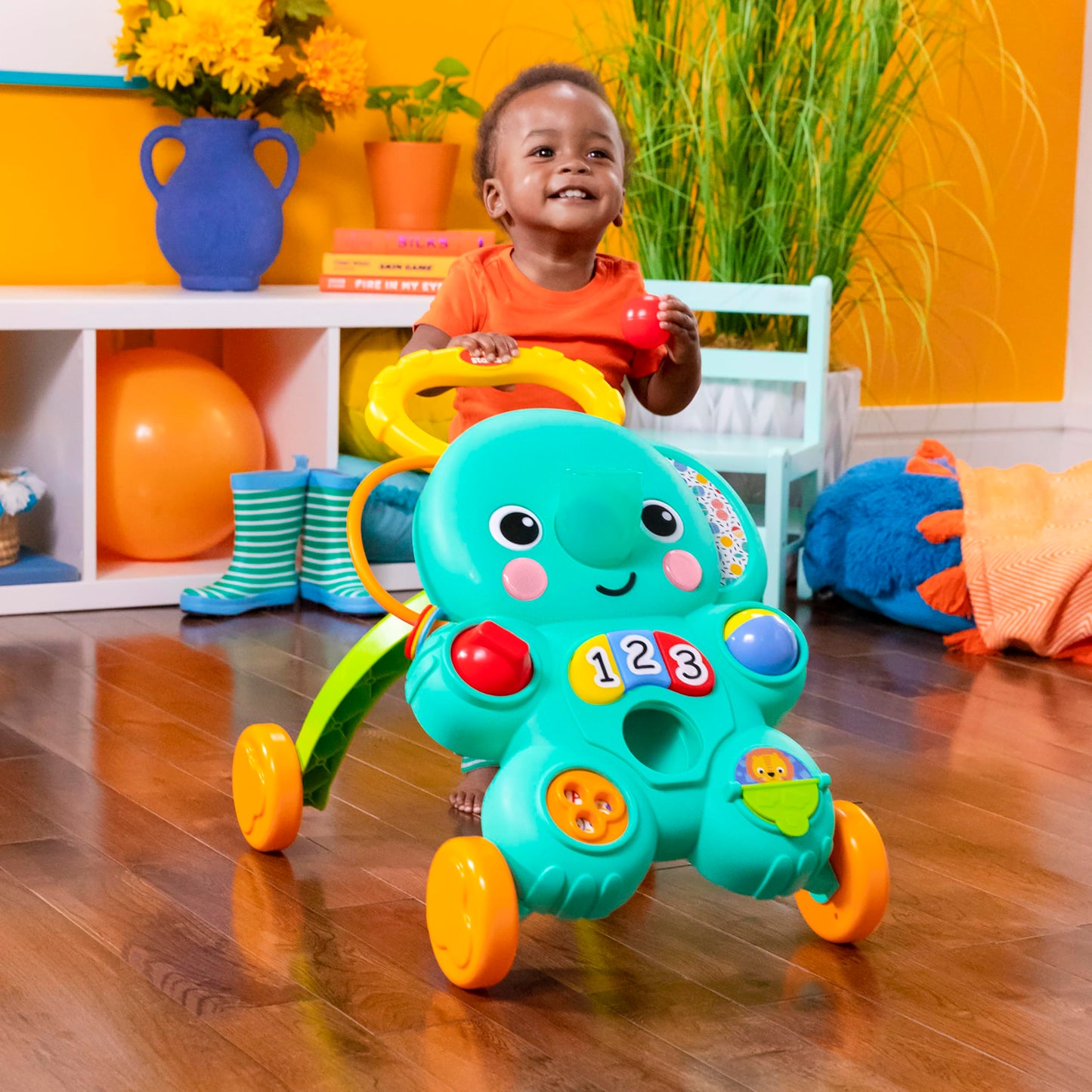 Bright Starts Stroll 'n Roll 2-in-1-Ball Push Walker – Includes 3 Toy Balls, Elephant with 70+ Songs & Sounds, 7 Activities - Ball Drop, Piano, Spinner, Flip Book & More