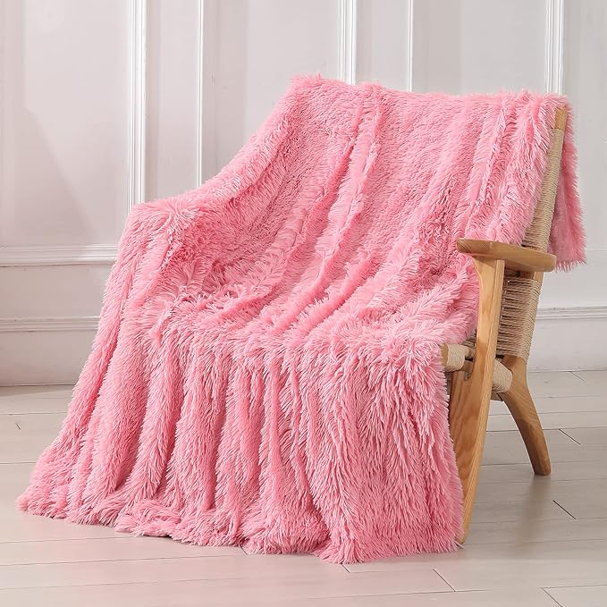 Tuddrom Decorative Extra Soft Faux Fur Throw Blanket 50"x60",Solid Reversible Fuzzy Double Layers Long Hair Shaggy Blanket,Fluffy Cozy Plush Fleece Comfy Microfiber Blanket for Couch Sofa Bed,Pink