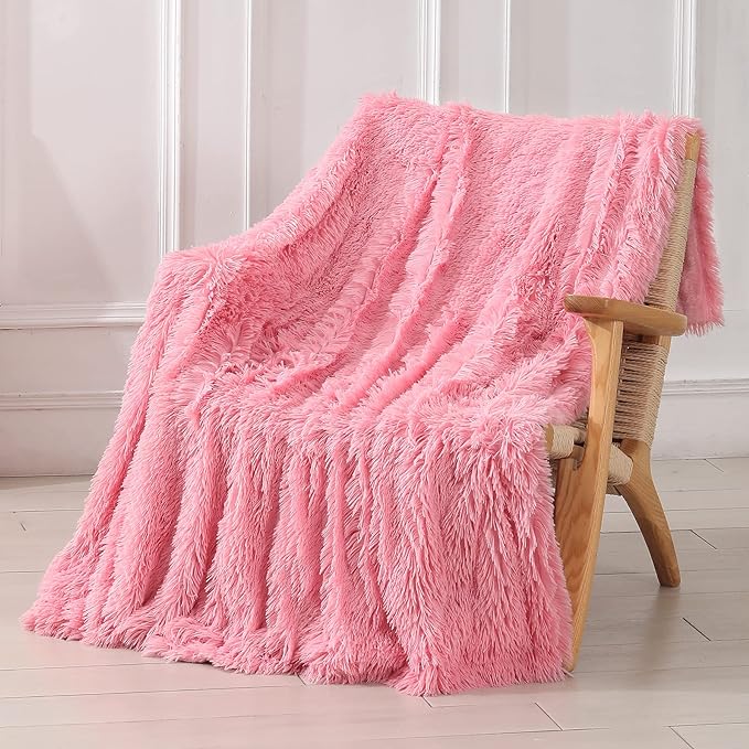 Tuddrom Decorative Extra Soft Faux Fur Blanket Queen Size 80" x 90",Solid Reversible Fuzzy Fluffy Cozy Plush Fleece Comfy Microfiber Fur Blanket for Couch Sofa Bed,Pink