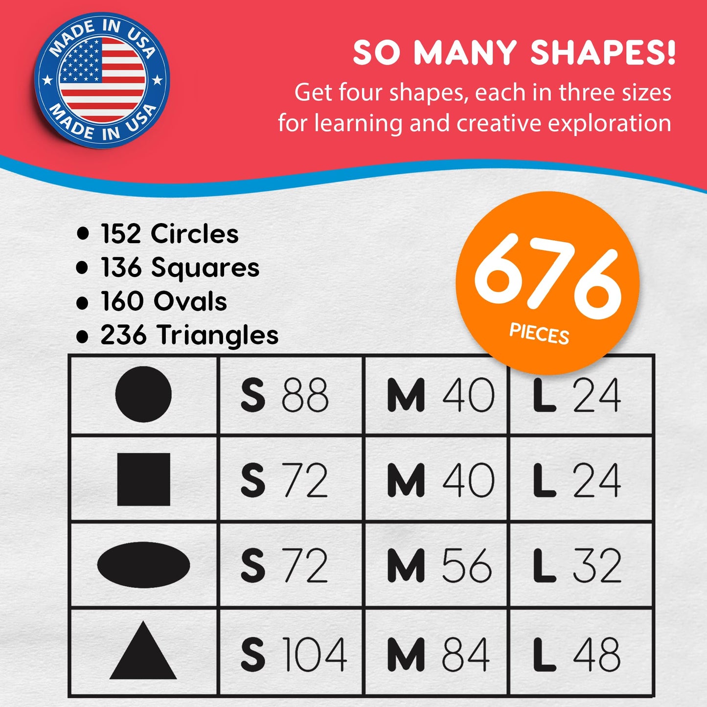 Basic Shapes 1: Circles, Triangles, Squares, Ovals, 676 Pieces US Made Card Stock Punch Out Geometric Shapes in 3 Sizes and 4 PRIMARY Colors for Math, Pattern Play and DIY Crafting