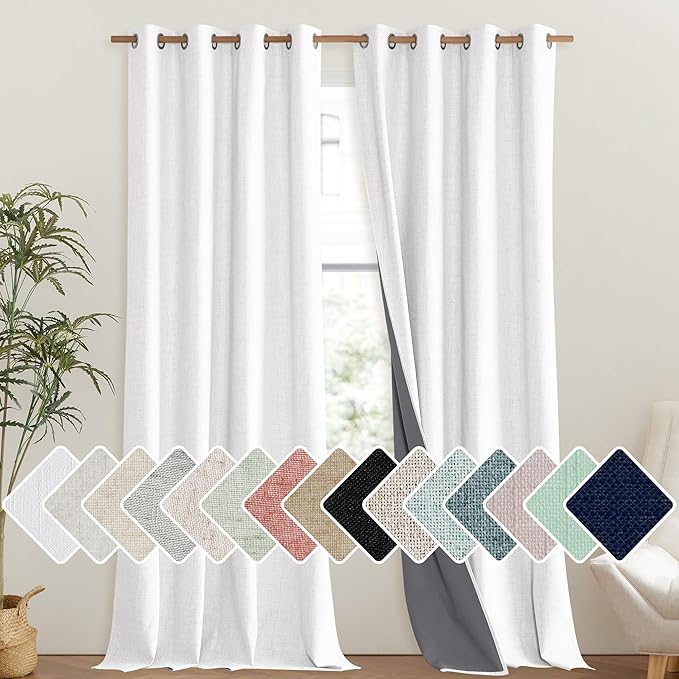 NICETOWN 100% Absolutely Blackout Linen Curtains with Thermal Insulated Liner, Greyish White, 52" Wide, 108" Length Energy Saving Curtains for Living Room 2 Panels Set, Vertical Blinds
