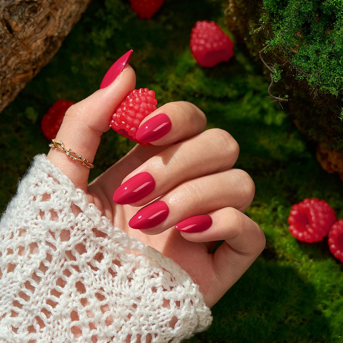 BTArtbox Press On Nails Almond - Raspberry Red Short Press On Nails with Glue for Women, Opaque Soft Gel Glue On Nails in 16 Sizes - 32 Stick On Nails Kit, Berry Blod