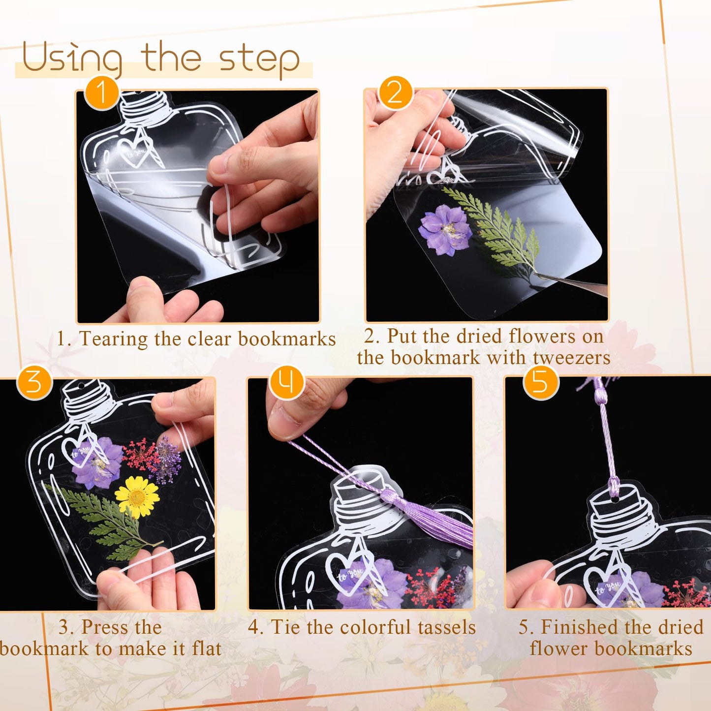 TaoBary 161 Pcs DIY Transparent Dried Flower Bookmark Set Include Clear Bookmarks Dried Flowers Colorful Tassels and Tweezer Handmade Dried Floral Bookmark for Reader Book Bottle(Pretty)
