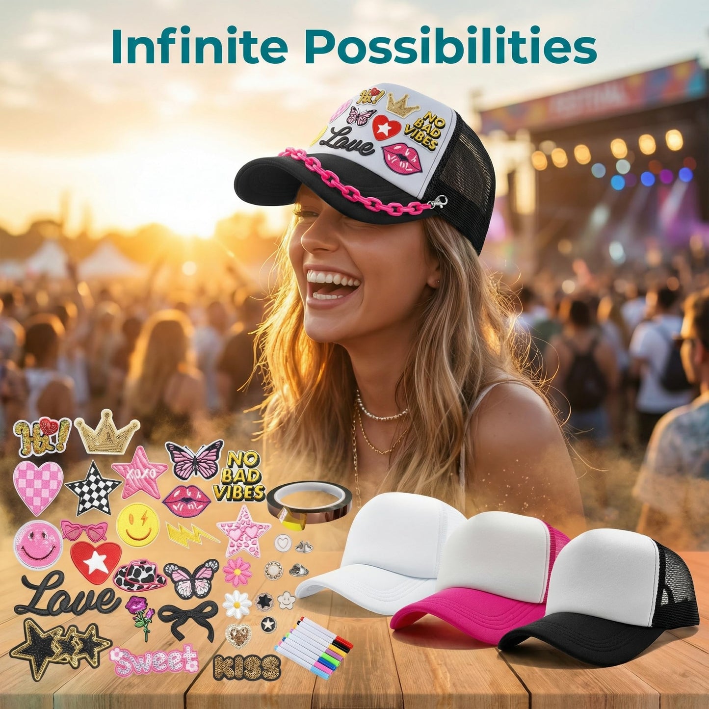 HEYTRCO 46PCS DIY Trucker Hat Kit, 3 Mesh Foam Hats with Iron-On Embroiederd & Sequin Patches, Hat Pins, Hat Chains, 8-Color Markers & Heat-Resistant Tape – Creative Girls Party Craft Set