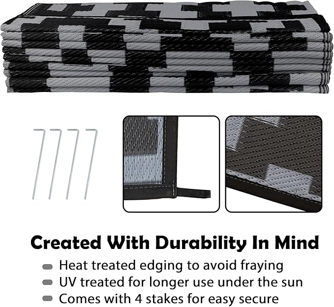 SAND MINE Waterproof Outdoor Rug 9x18 ft, Plastic Reversible Rug, Modern Area Rug, Large Floor Mat for Outdoors, RV, Patio, Backyard, Deck, Picnic, Beach, Camping, Black Grey Lattice