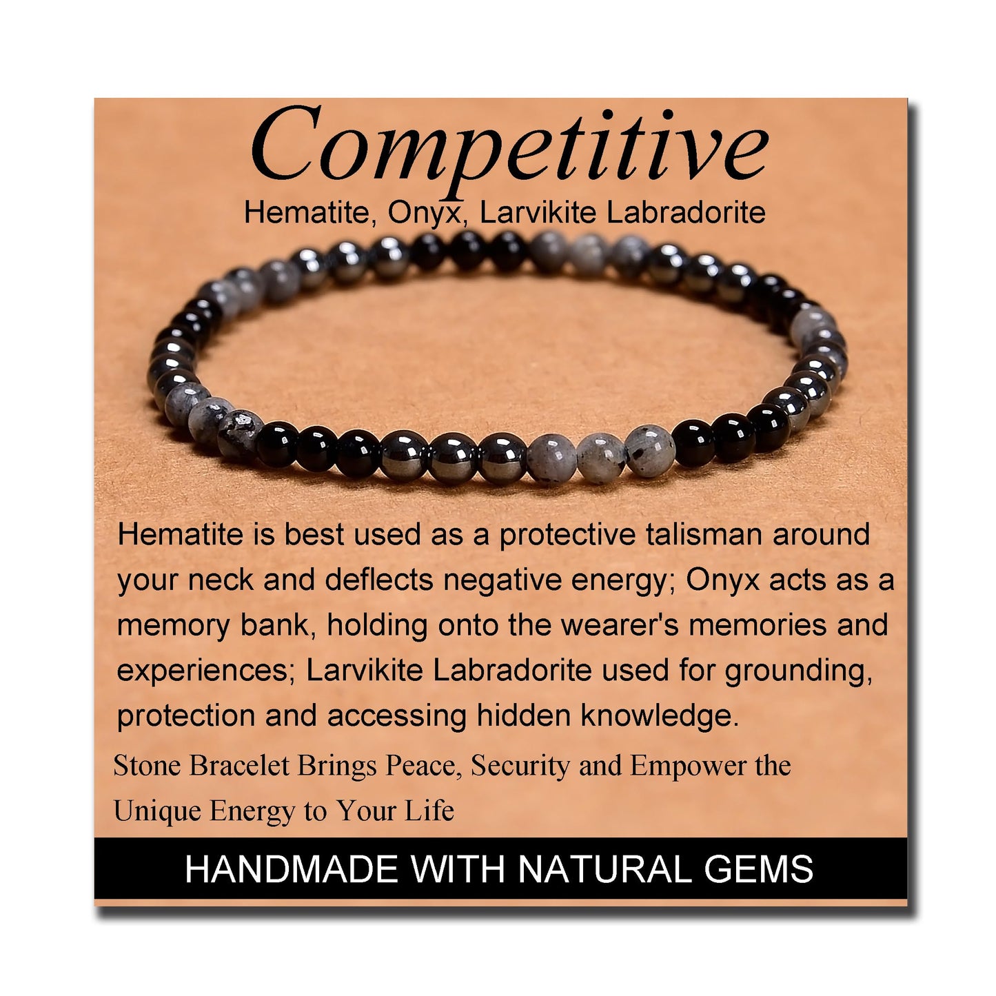 MASSIVE BEADS Hematite Onyx Larvikite Labradorite - Competitive Handmade Handmade Yoga Stretch Elastic Bracelet Natural Stone Crystal Healing Power Energy Gifts for Unisex Adult 4mm