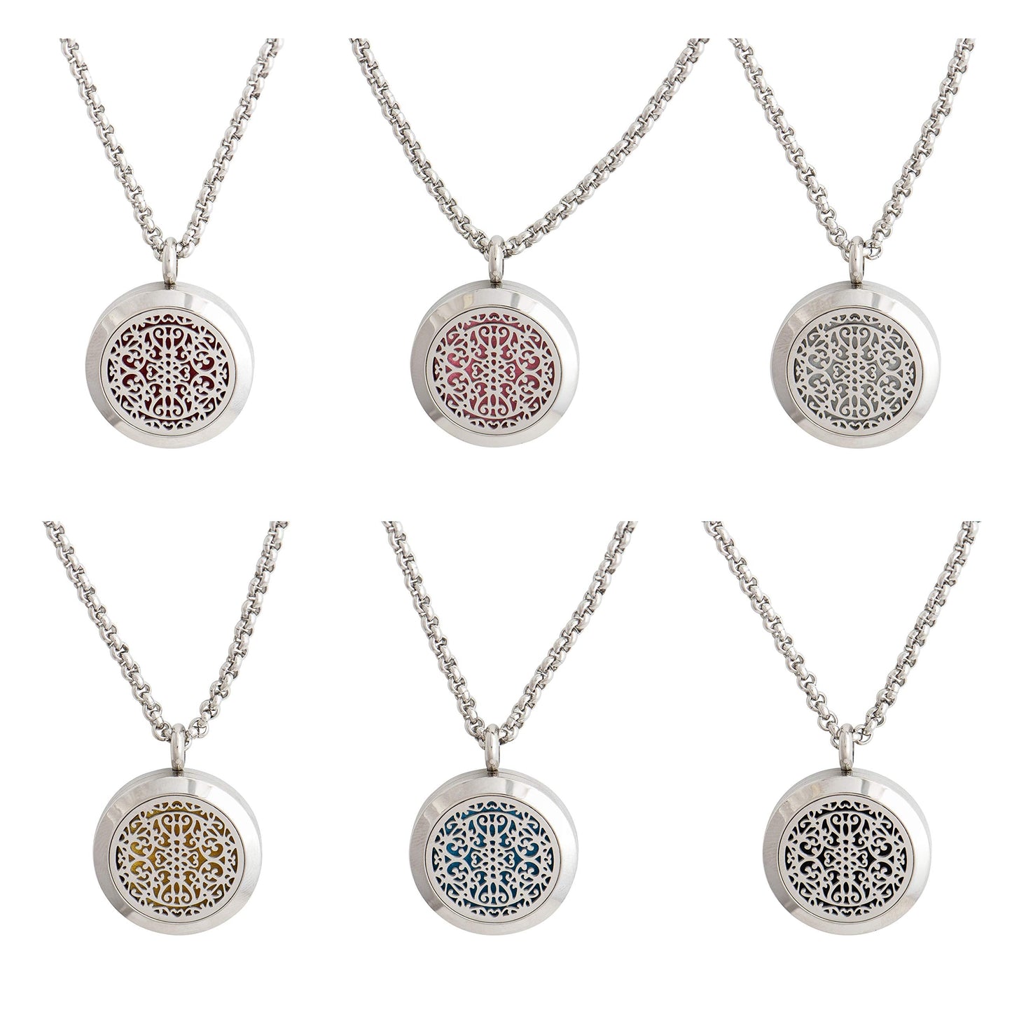 Wild Essentials Wrought Iron Essential Oil Diffuser Necklace, Stainless Steel Locket Pendant with 24 inch Chain, 12 Color Refill Pads, Customizable Color Changing Perfume Jewelry for Aromatherapy