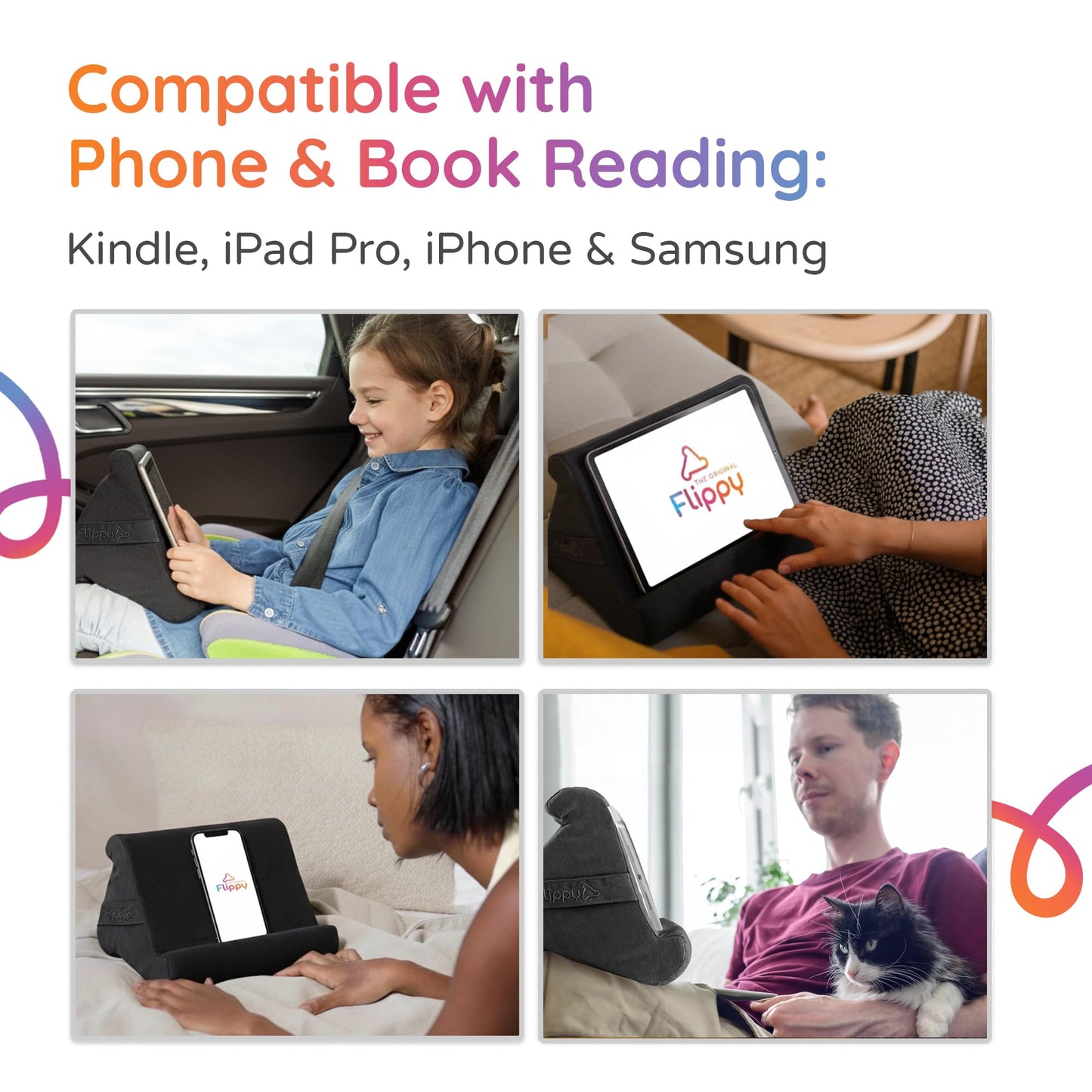 Flippy Original Tablet Pillow Stand & iPad Holder, Gift for Book Lovers & Readers, Multi-Angle Stand with Storage for Lap, Desk & Bed, Compatible with Kindle, Fire, iPad & Samsung, Smokey