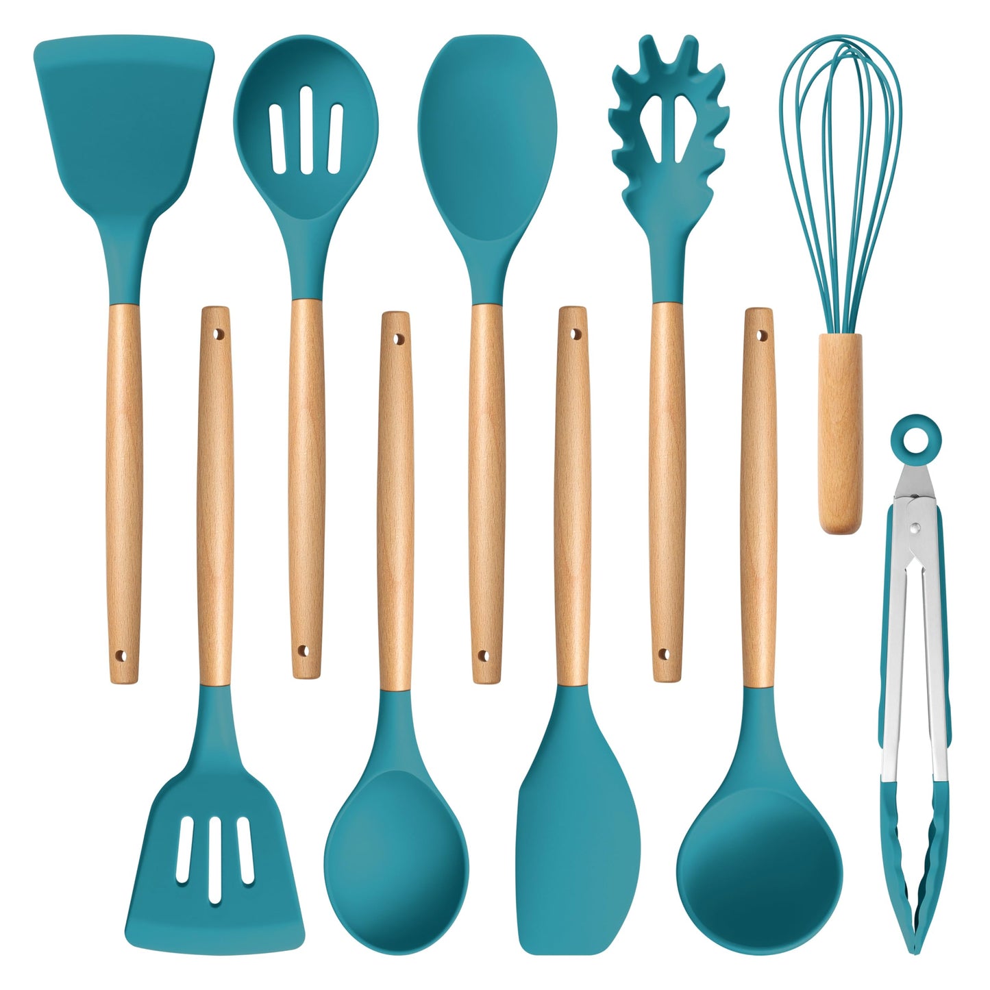 E-far Blue Silicone Cooking Utensils Set, 10-Piece Kitchen Utensils Set with Wooden Handle for Nonstick Cookware, Heat Resistant Kitchen Nonstick Tools Spatula Whisk Tongs Ladle, Non-toxic & Healthy