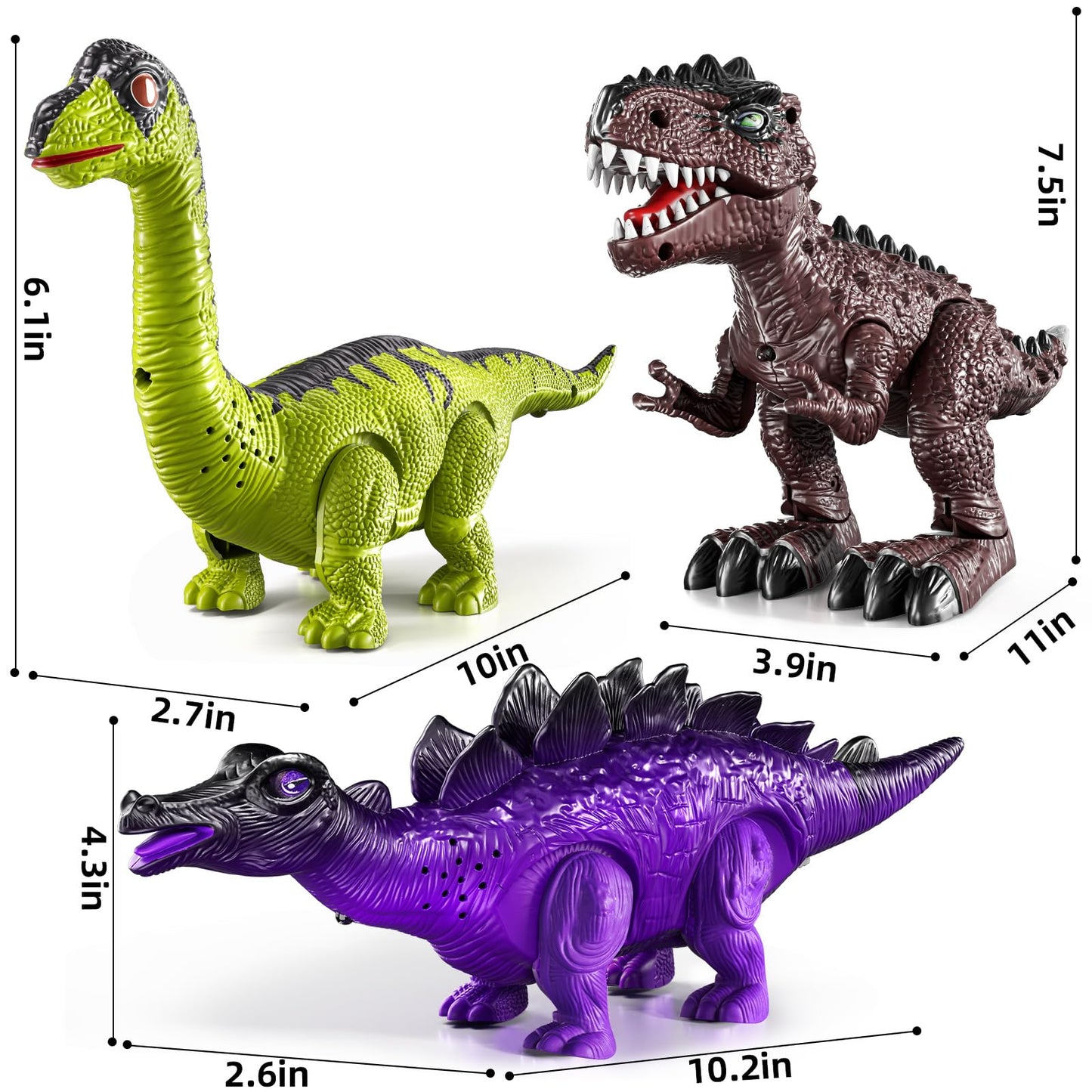 TEMI 3 Pack Electrical Walking Dinosaur Toys for Toddlers 3-4 3-5 Years with Sound and Light Up, Toddler Robot Dinosaur, Brachiosaurus, Stegosaurus Dinosaur Figures for Kids