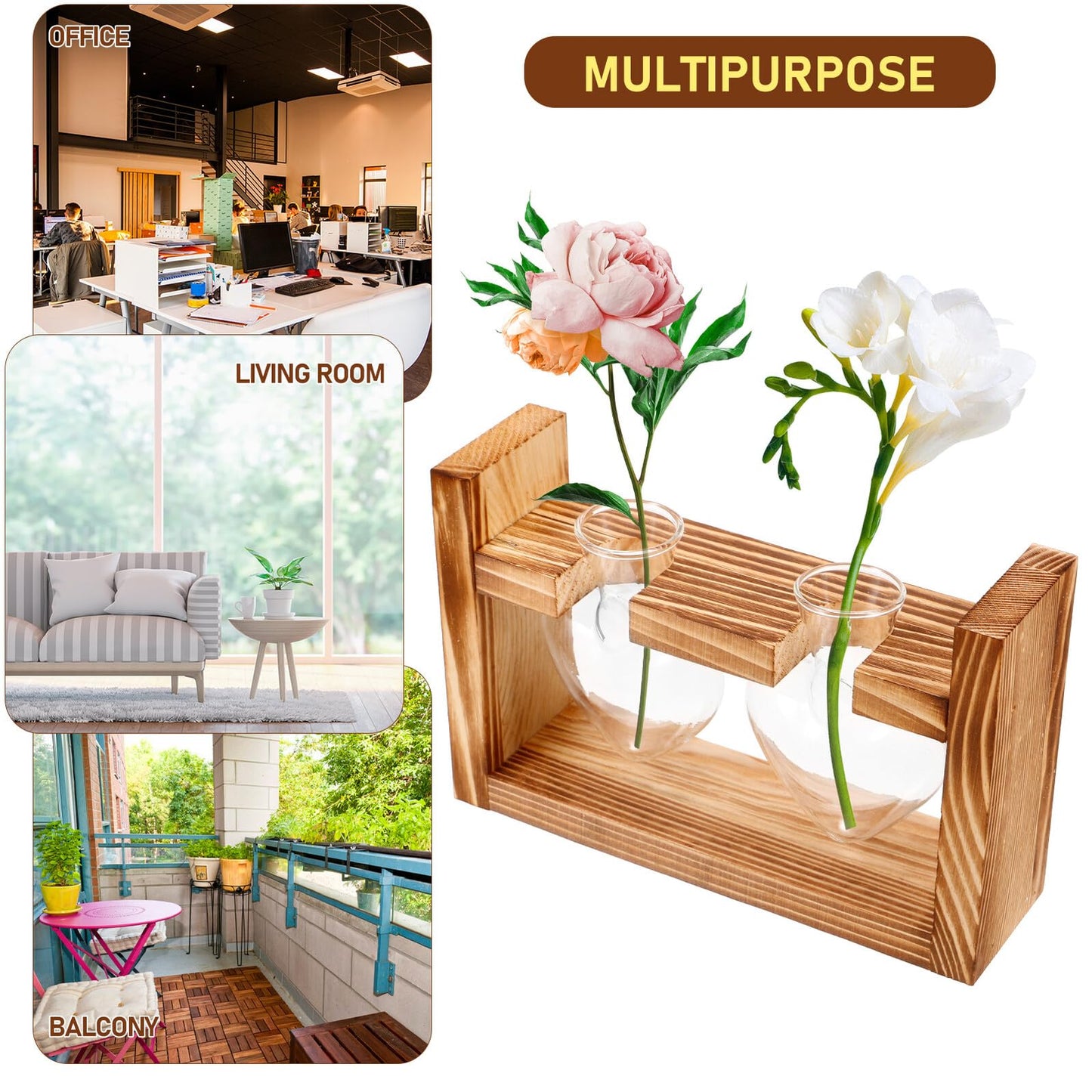 Healvian Heart-Shaped Glass Terrarium Vase with Wooden Stand, Hydroponic Planter for Indoor Plants, Desktop Home Decor, 2pcs Set with Retro Frame Packaging
