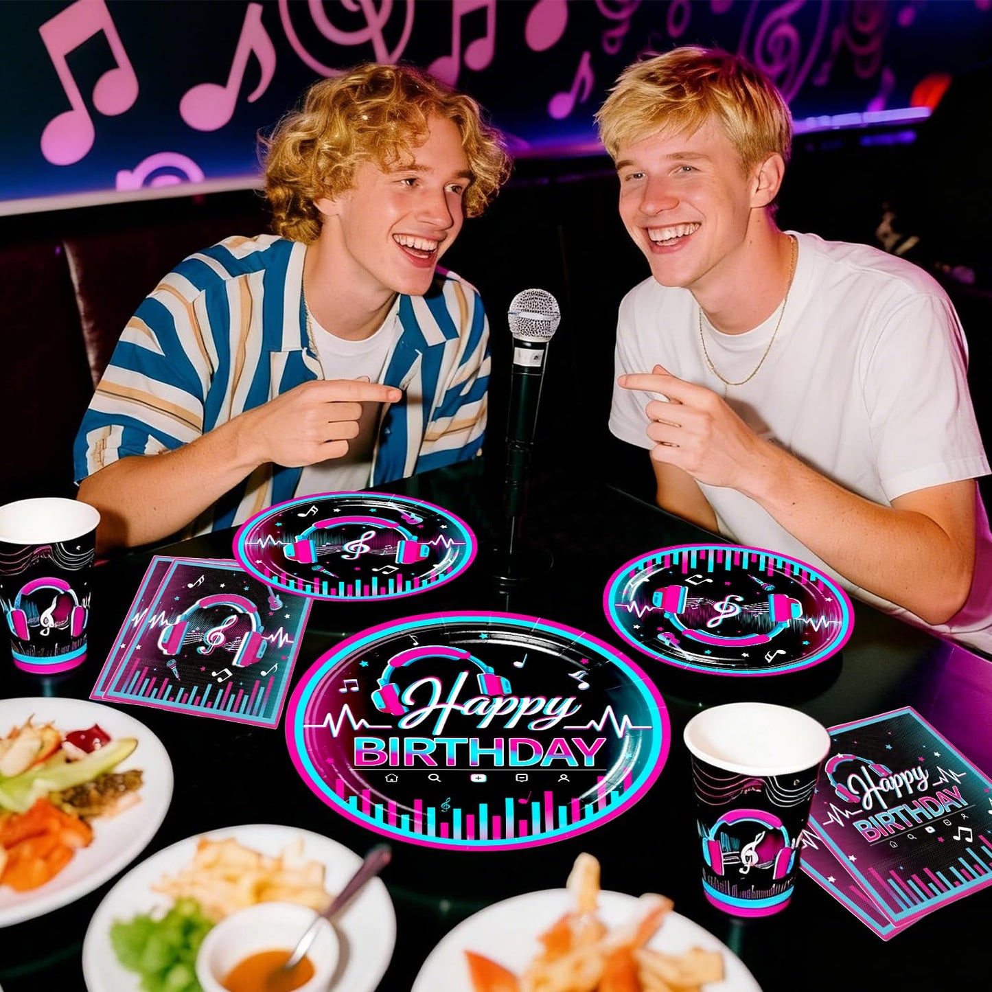 wellspar 208pcs Karaoke Party Decorations Complete Tableware Set, for 25 Guests, Karaoke Birthday Party Decorations, Disposable Plates, Pre-strung Banner, Tablecloths for Music Birthday Decor