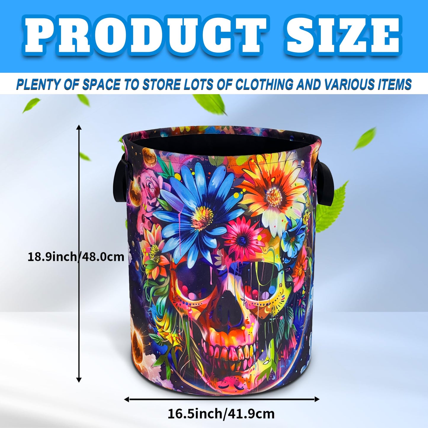 Skull Flowers Laundry Basket Oxford Cloth Funny Skeleton Laundry Hamper With Handle Foldable Portable Clothes Storage Basket 18.9 X 16.5 In Storage Bag For Laundry Room/Bathroom/Bedroom/Dormitories