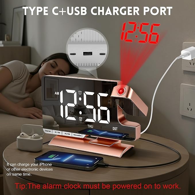 Projection Clock,Alarm Clocks for Bedrooms,7.3"Mirror Bedside Clock
