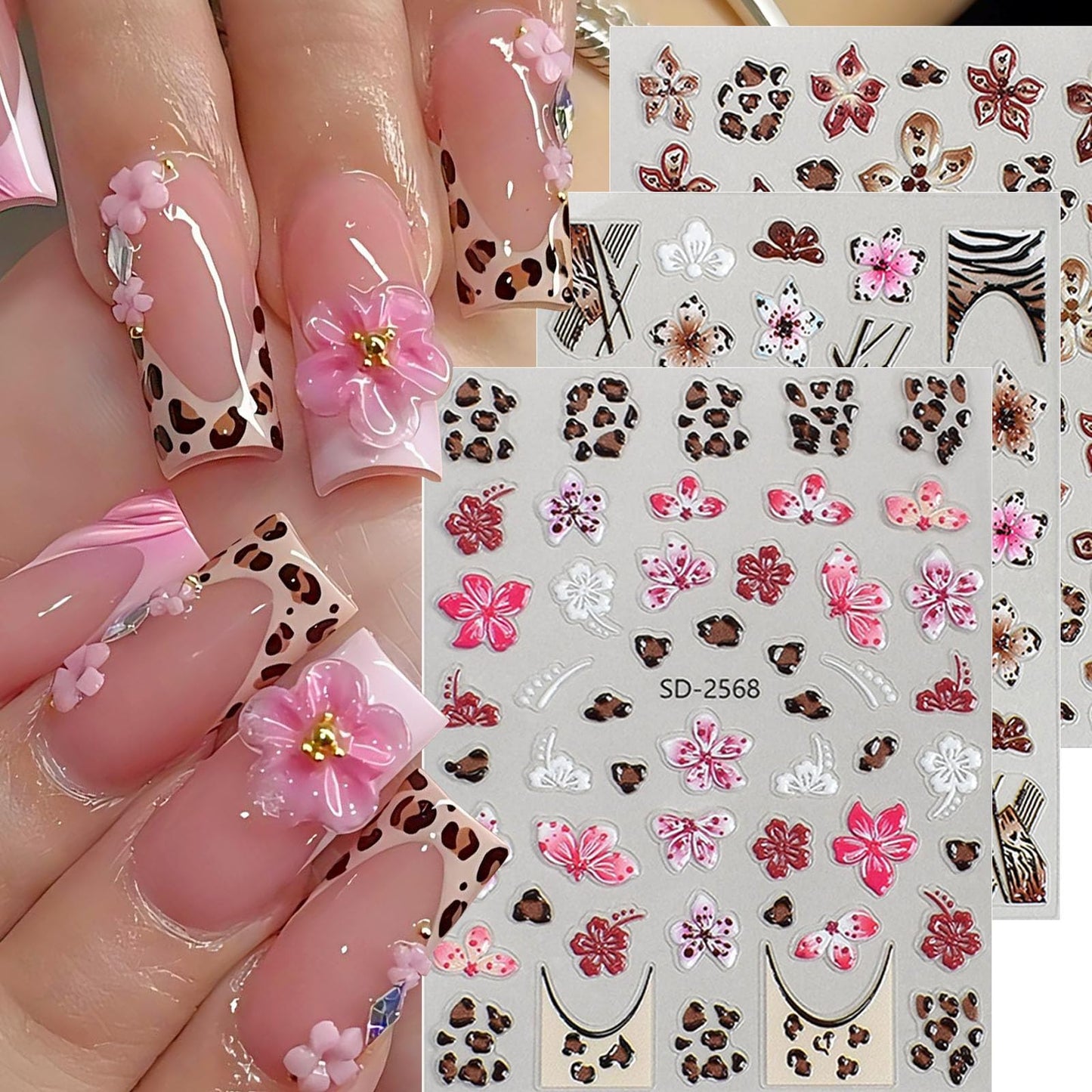 French Leopard Print Flower Nail Art Stickers 3 Sheets 5D Embossed Orchid Lily Cherry Blossom Floral Wild Leopard Print Press On Nails Decals Nail Charms Japanese Style Decorations Nail Stuff