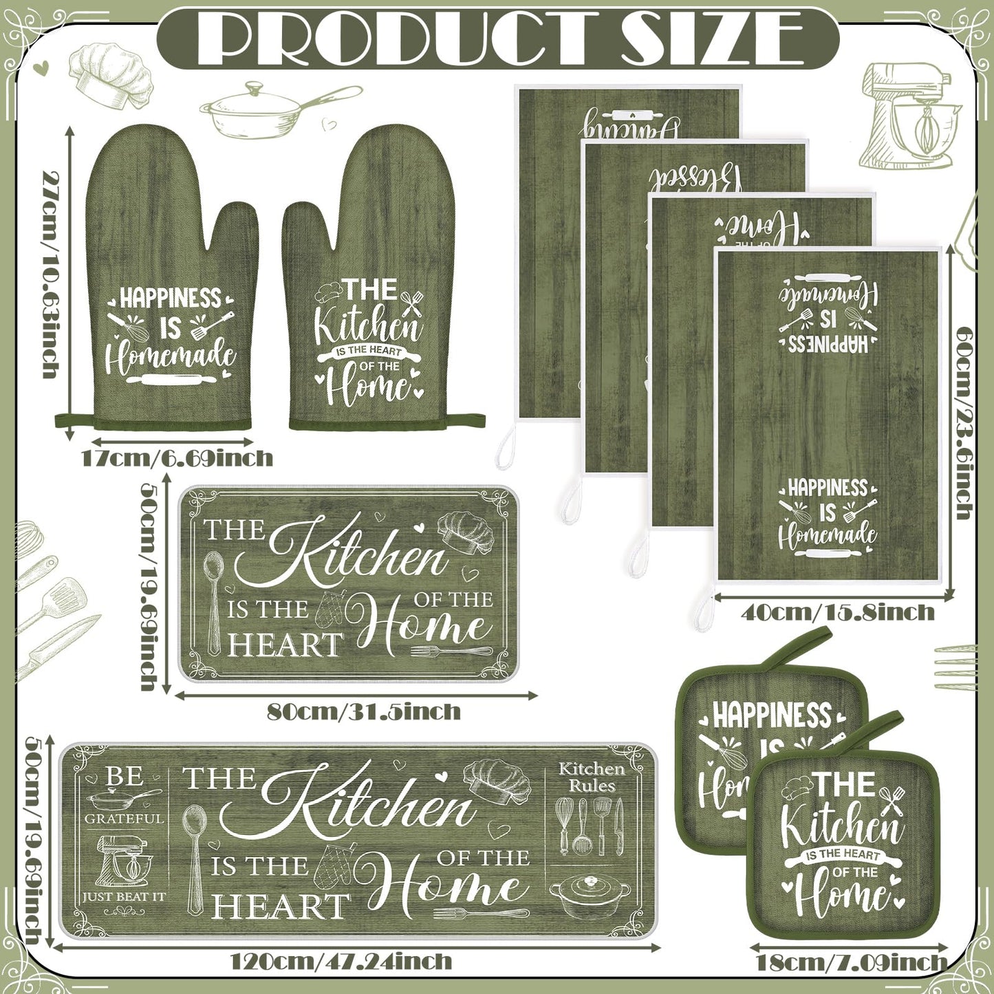 Fourluoo 10 Pcs Farmhouse Kitchen Decor and Accessories Set 4 Kitchen Towels 2 Pot Holders 2 Oven Mitts 2 Rugs for Cooking Baking Mom Housewarming Gifts(Sage Green,Classic Style)