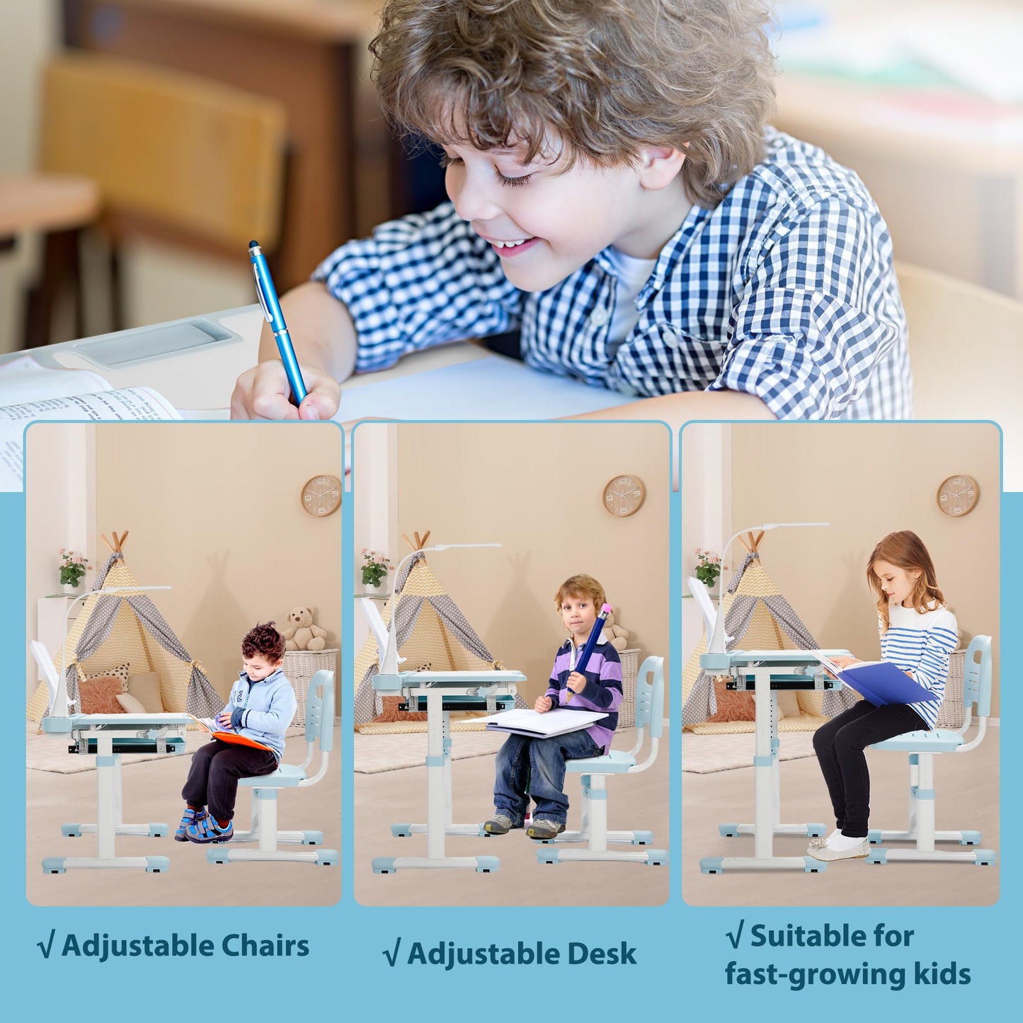 Rengue Kids Desk and Chair Set, Height Adjustable Children School Functional Study Desk with 55° Tiltable Desktop, 3 Modes & Brightness LED Light, Storage Drawer & Metal Hook for Boys Girls (Blue)