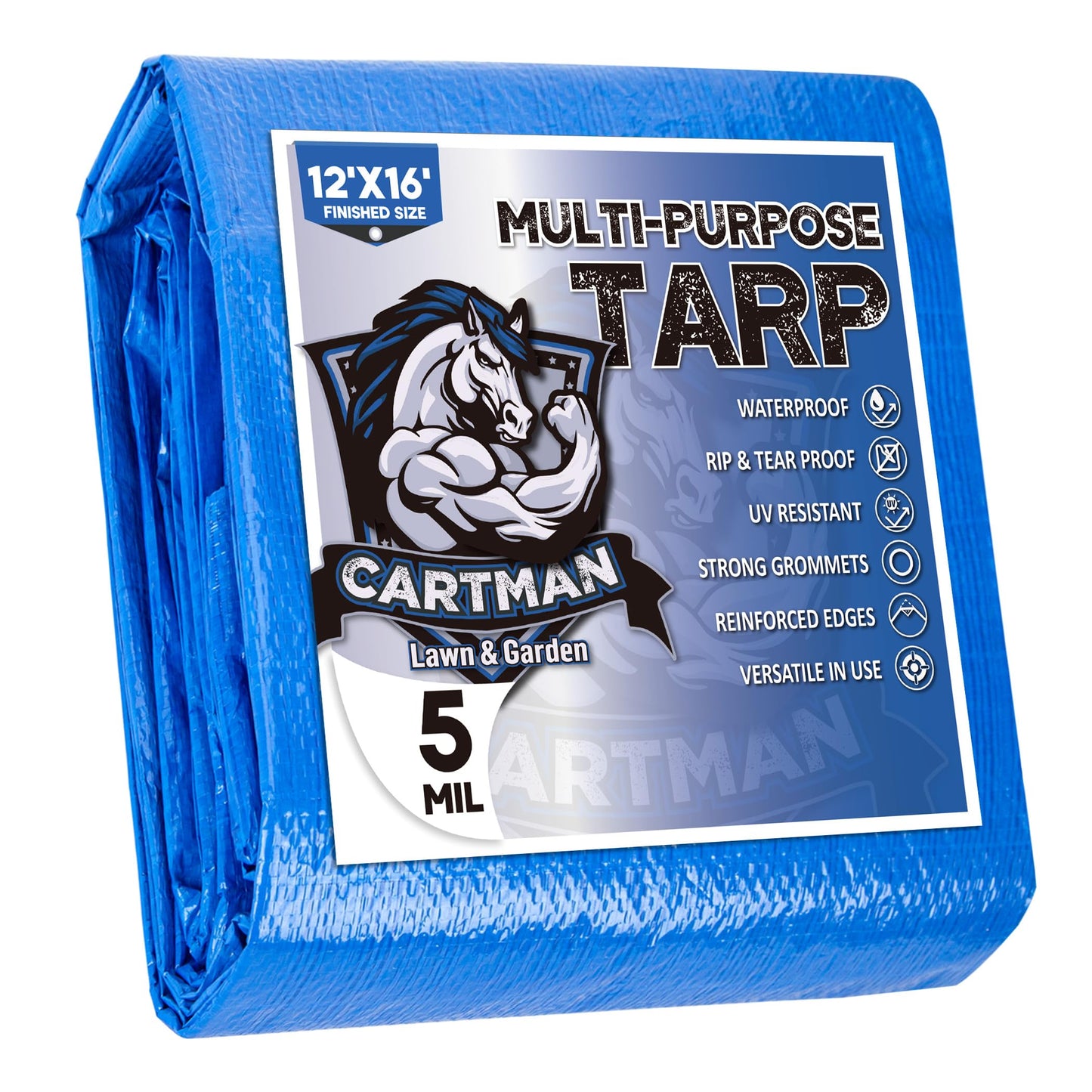 CARTMAN Finished Size 12x16 Feet Blue Poly Tarp 5 Mil Thick, Multipurpose Protective Cover for Camping, Tent, Boat, RV, Car