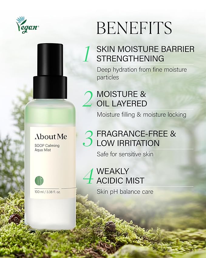 About Me SOOP Calming Aqua Mist – Korean 80.4% Jeju Cypress Water 2-Layer Face Spray for All Skin Types – Daily pH Balancing Mist with Centella & Tea Tree – Korean Skin Care – 4.23oz, 125ml