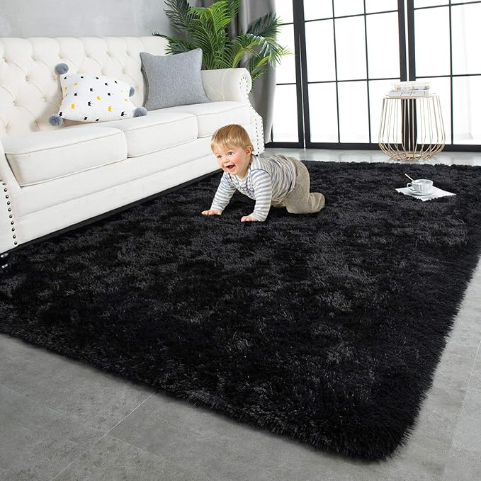 TWINNIS Super Soft Shaggy Rugs Fluffy Carpets, 5x8 Feet, Indoor Modern Plush Area Rugs for Living Room Bedroom Kids Room Nursery Home Decor, Upgrade Anti-Skid Rectangular Fuzzy Rug, Black