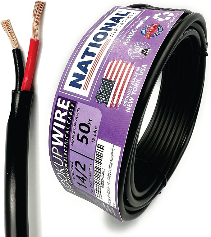 NATIONAL Wire & Cable – 14 AWG 2-Conductor Premium Copper Wire, 50 ft, Stranded | Made in USA, Heavy-Duty Flexible Jacket | Automotive, Low Voltage, LED, Lights, DIY, Indoor and Outdoor Use5