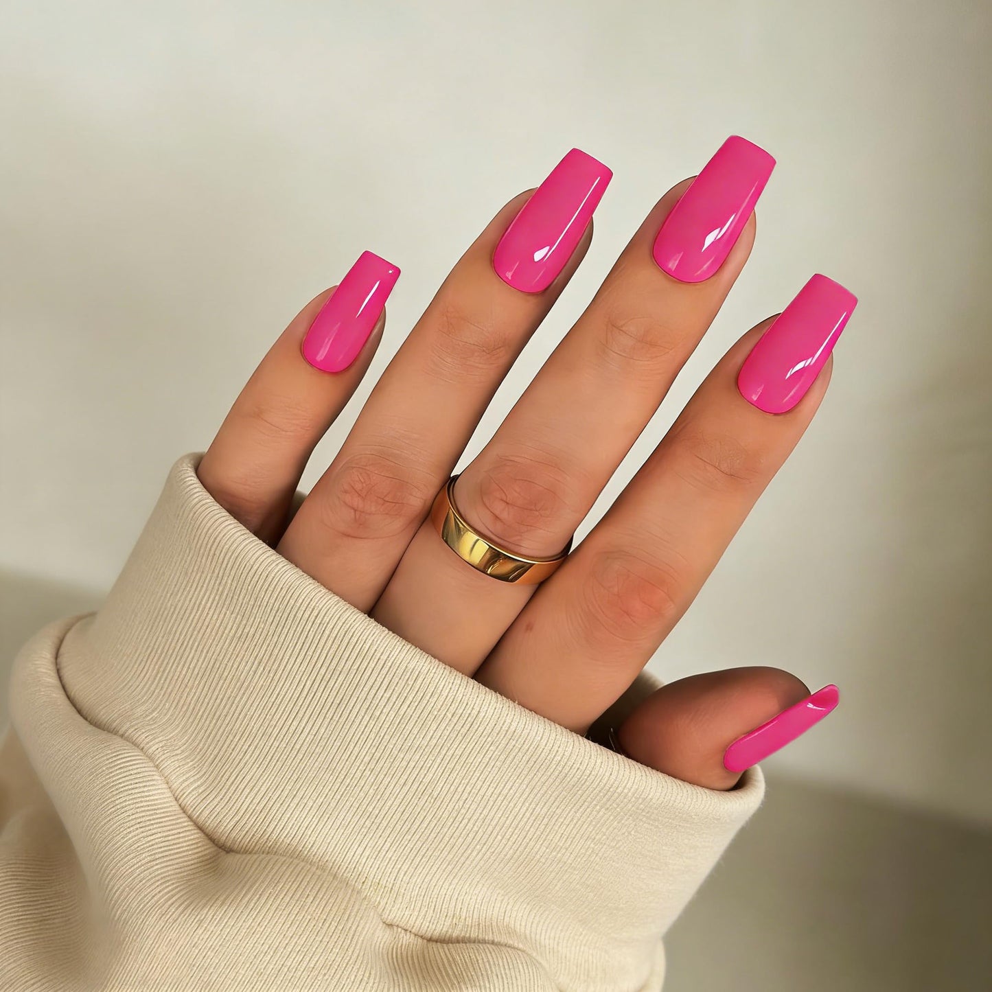 SXVME Press On Nails Long Square - Hot Pink Press on Nails with Glue for Women, Bright Fake Nails Press ons Medium, Glossy Soft Gel Glue on Nails Coffin, Reusable Nail Stick Ons, Fushia 24 Pcs