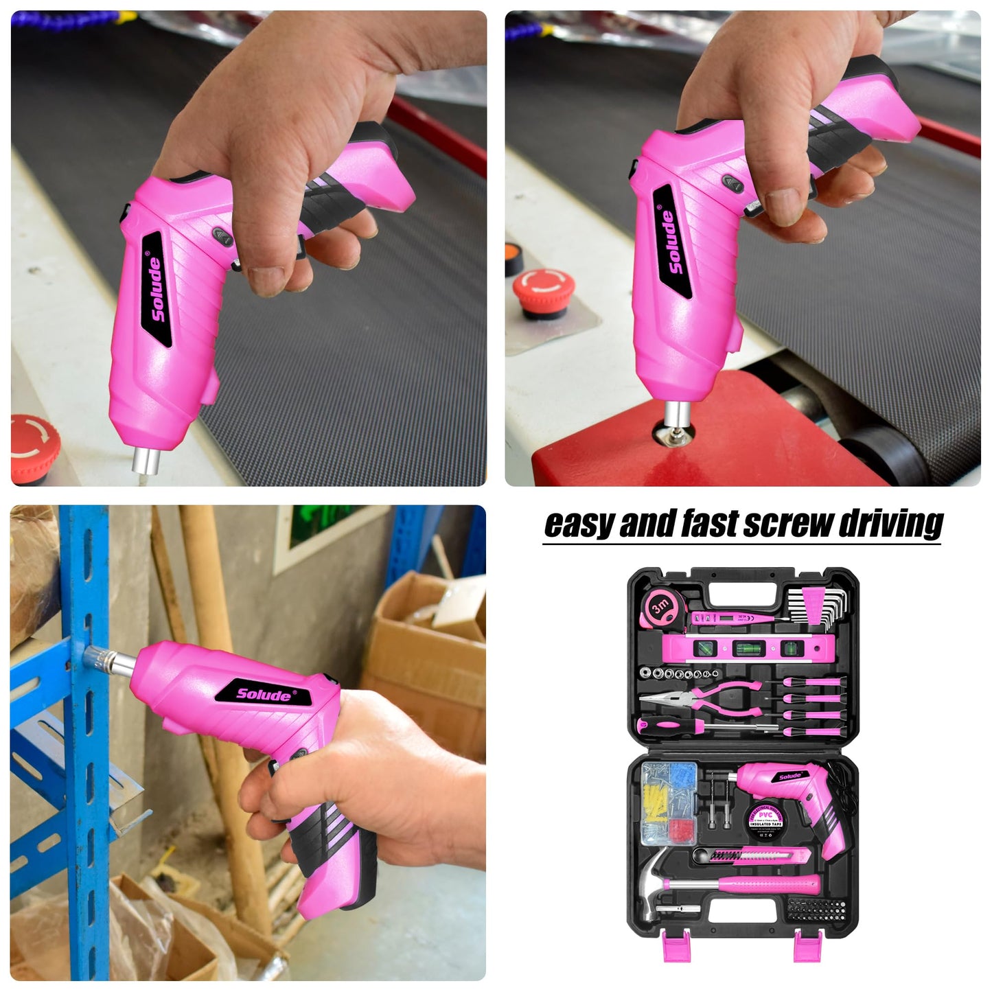 SOLUDE Pink Tool Set,130 Piece Home Tool Kit for Women with 3.6V Cordless Rechargeable Screwdriver,Basic Household Tool Kit Set for New Home,Apartment,College Dorm & DIY Projects