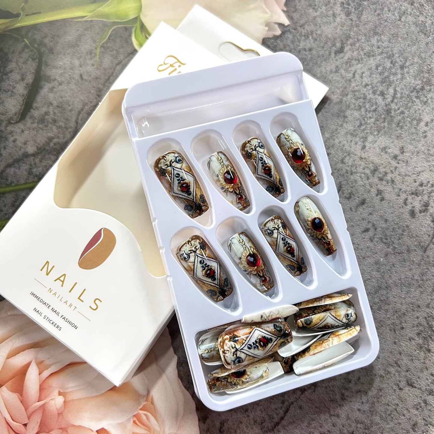 CJDLTS Press on Nails Medium Ballet Shaped Red Rhinestones Golden Totem Pattern Design Acrylic False Nail Full Cover Glossy Artificial Fingernails 24Pcs Reusable Glue on Nails for Women