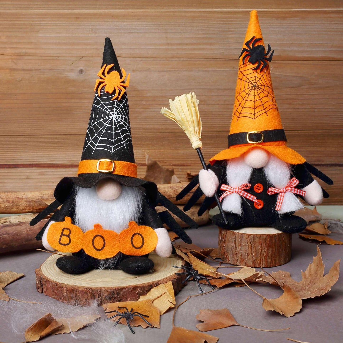 Ni-JASW Halloween Plush Gnomes Set of 2, Spooky Orange Black Spider Web Swedish Tomte Elf Figurines for Tiered Tray Home Decor