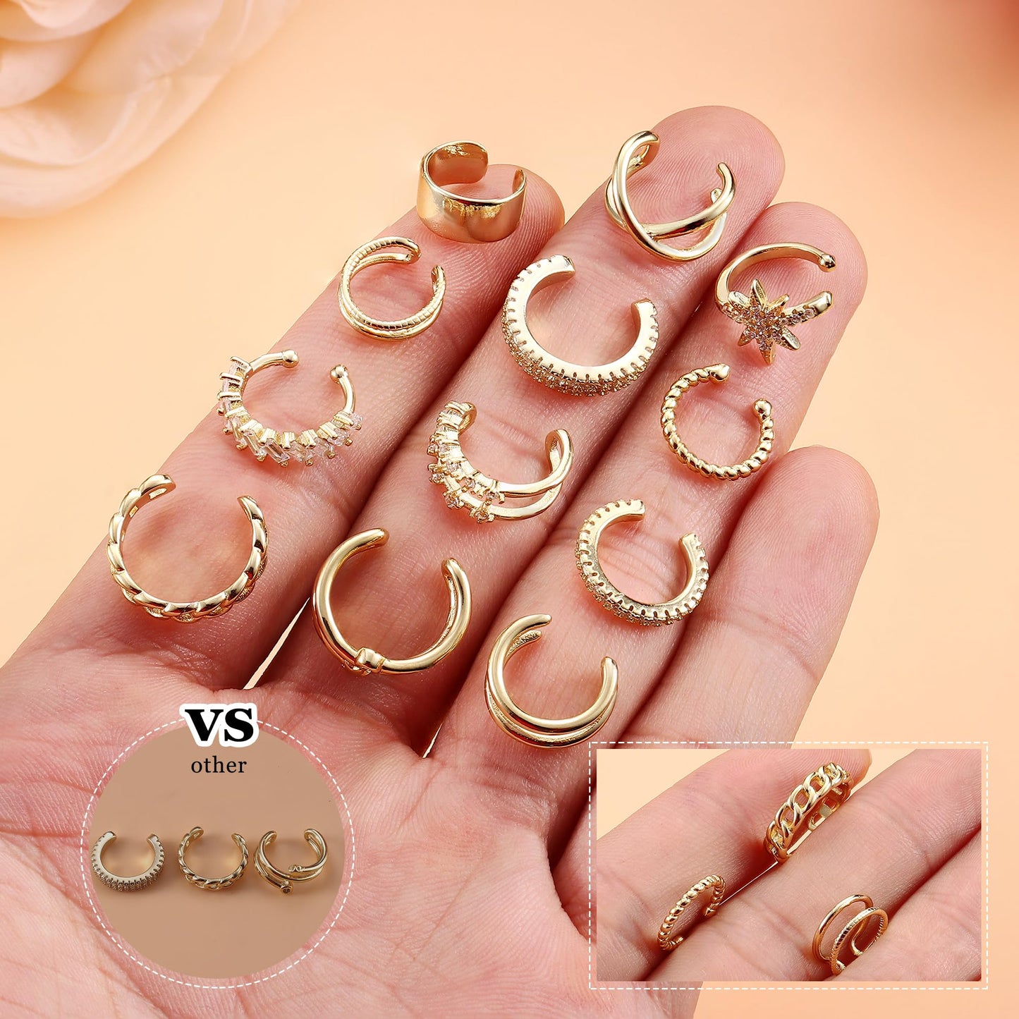 Dochais 9Pcs 14K Gold Plated Ear Cuff Earrings - Non Pierced Clips, Cartilage, Fake Cuffs (12pcs-Gold)