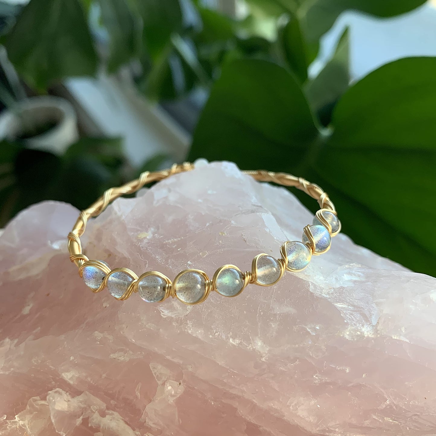 PSEEHEE Handmade Genuine White Labradorite Rainbow Moonstone 14k Gold Filled Wire Wrapped Bracelet, Adjustable Size Crystal Beads Birthstone Gemstone Bohemian Jewelry Women