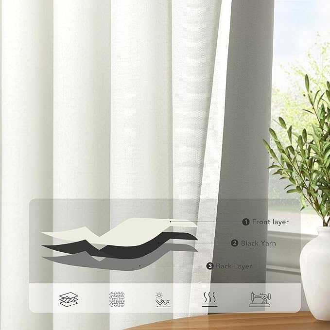 Ivory 100% Blackout Curtains 96 Inches Long 2 Panels Farmhouse Style Bedroom Windows Viral Basic Curtains for Living Room Black Out Neutral Drapes Linen Textured 52x96 Length Back Tab Pocket Off White