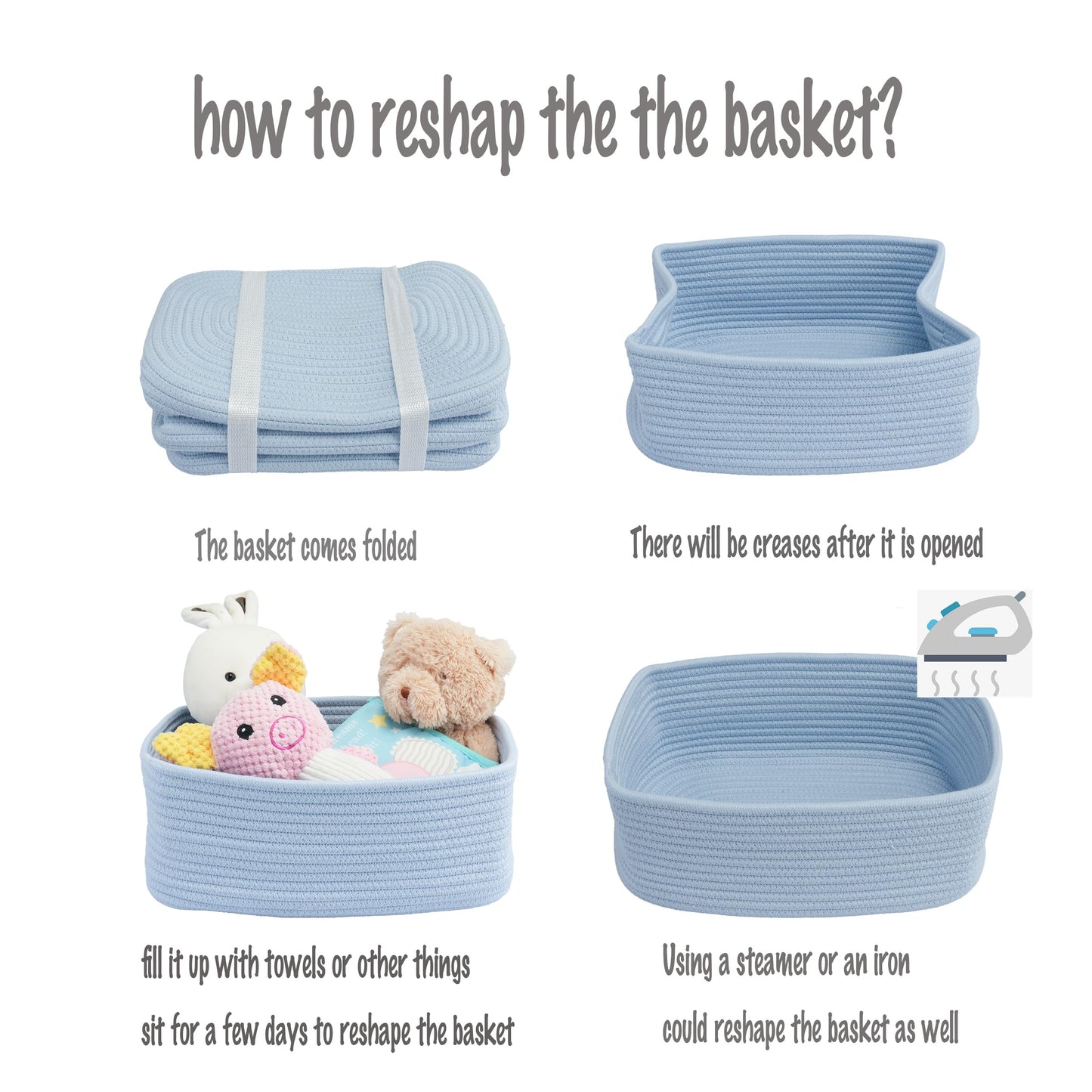 XUANGUO Small Woven Storage Baskets 13“X9”X5“ Decorative Rope Bins for Organizing Shelves, Closets, and Toys, Empty Gift Baskets, Cute Organizer Basket for Home and Office (blue, Large)