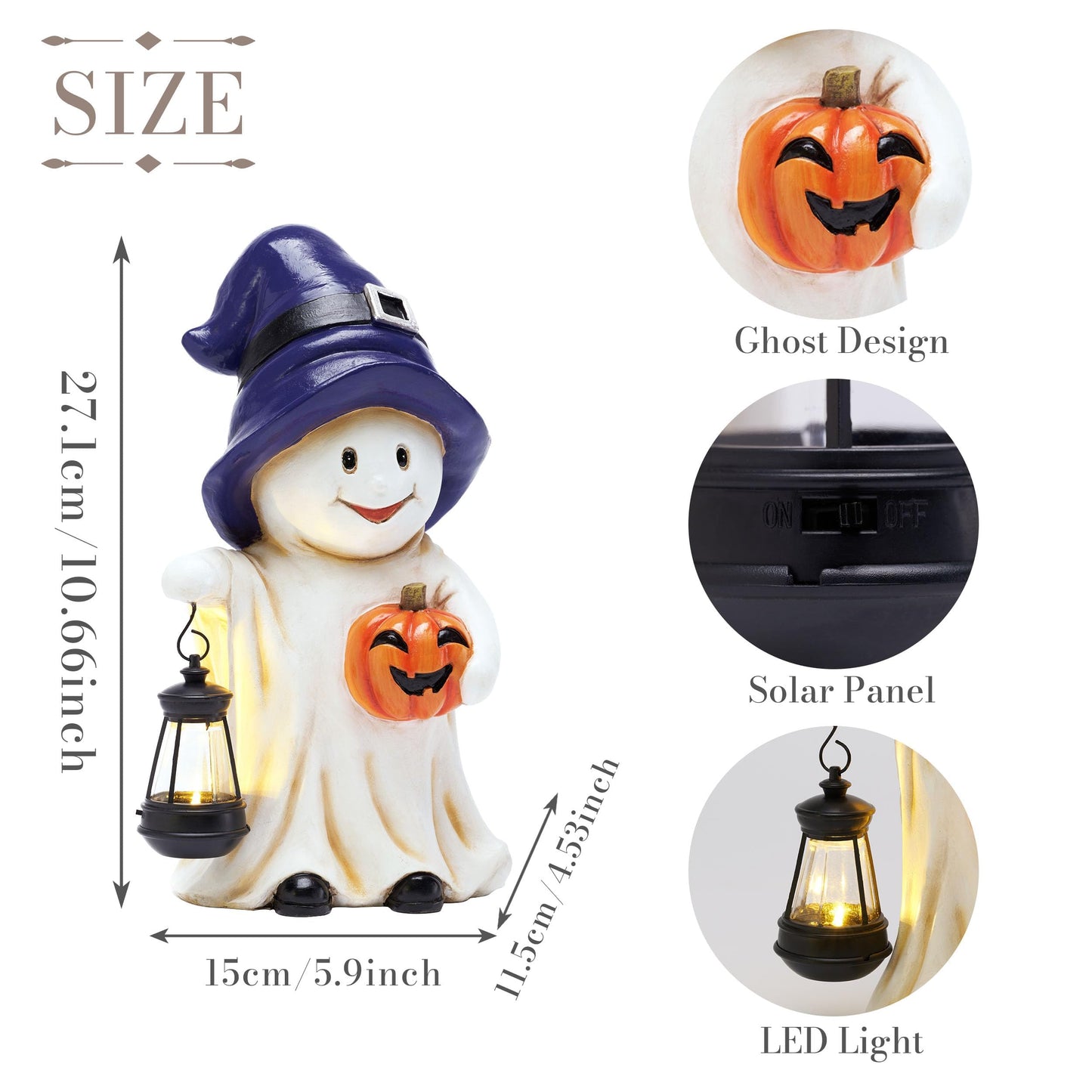 TERESA'S COLLECTIONS Halloween Decorations, Ghost Decor, Large Ghost with Solar Light, 10.6", Waterproof Resin Halloween Decor, Ghost Gifts, Hallowen Gifts, Indoor/Outdoor
