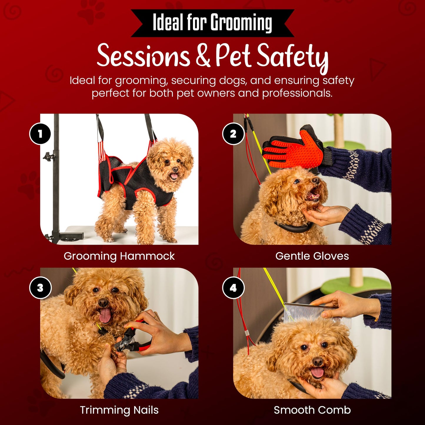 Dog Grooming Arm with Clamp & Pet Grooming Hammock | 4 Extra Bundles | Dog Grooming Stand with Grooming Gloves, Shears & Comb & Nail File | Grooming Table Arm with Adjustable No Sit Haunch Holders