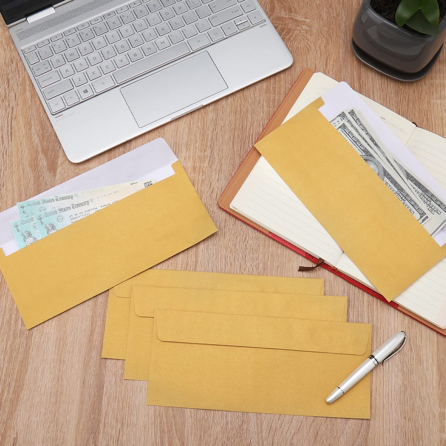 100 Pack Gold Metallic #10 Business Envelopes 4-1/8 x 9-1/2 in Square Flap Mailing Envelopes for Office, Business Letterhead, Invoices, Personal Mailing, Letters, Unique Invitations & Announcements