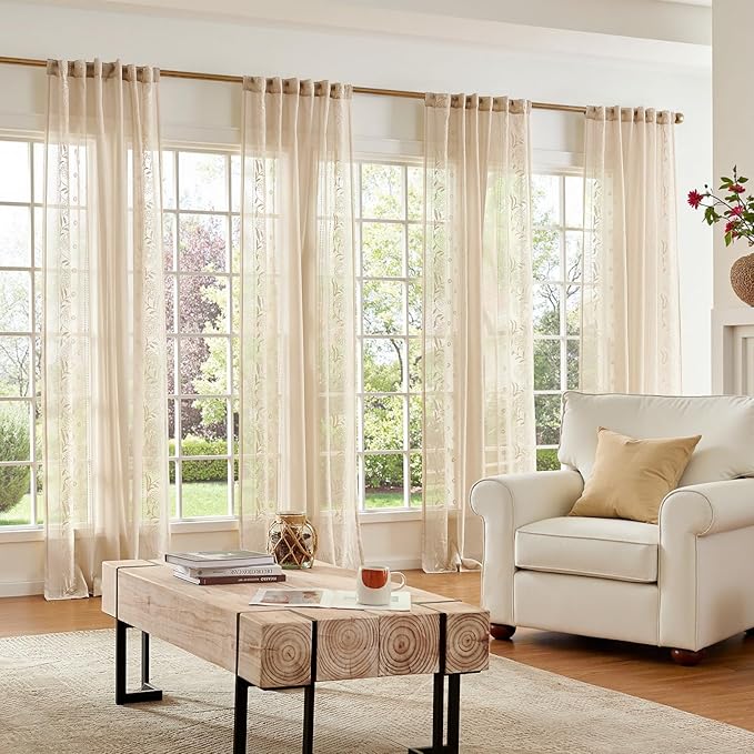 jinchan Winslow Beige Sheer Curtains 84 Inch for Bedroom Living Room Embroidered Bordered Floral Nursery Curtains for Playroom Dorm Light Filtering, Ivory on Beige, 2 Panels, 50W x 84L