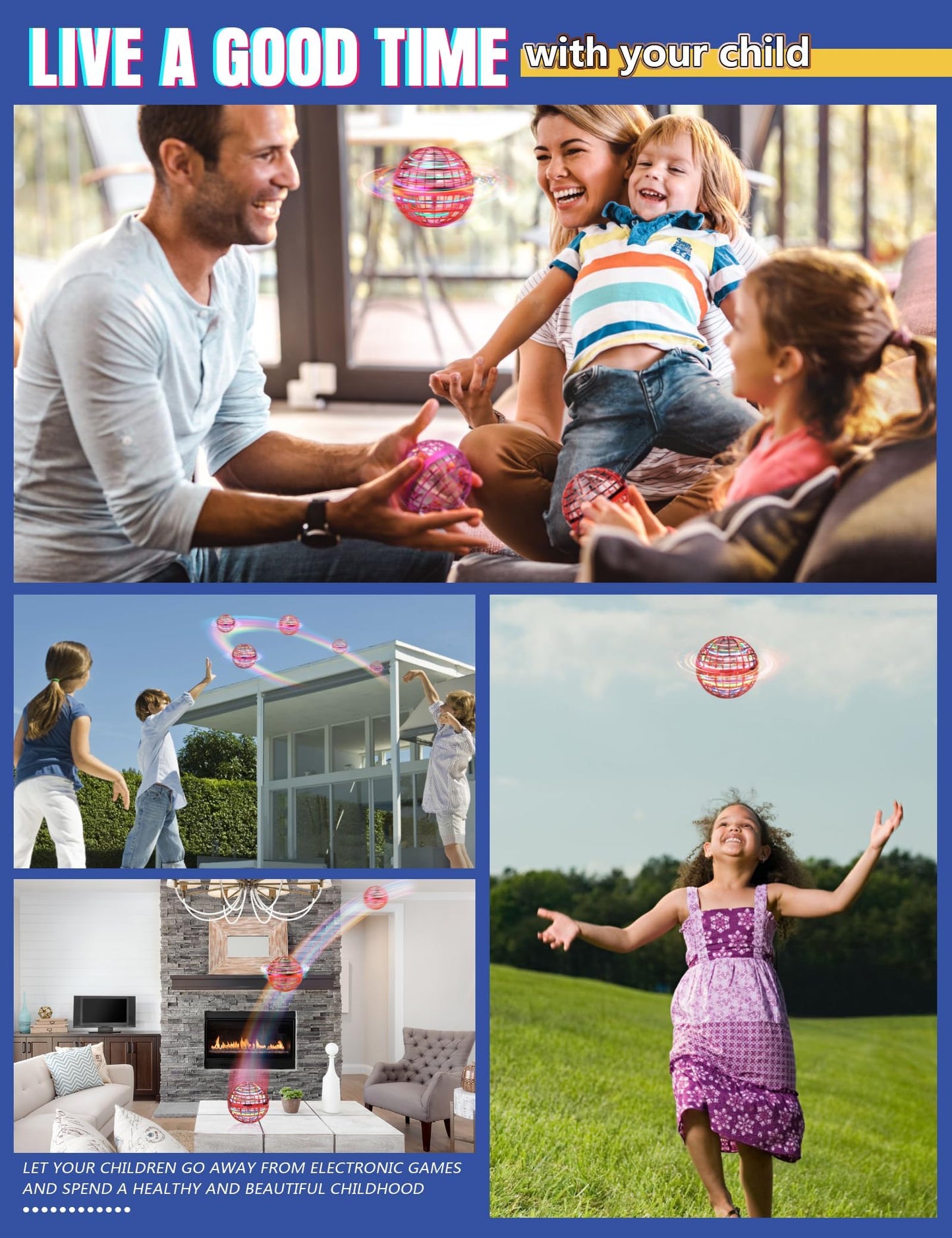 Vrainito Flying Orb Ball 2025 Upgrade, 2 Pack Hand-Controlled Flying Orb Toy, 360° Rotating Cosmic Globe Hover Ball for Kids (Blue + Red)