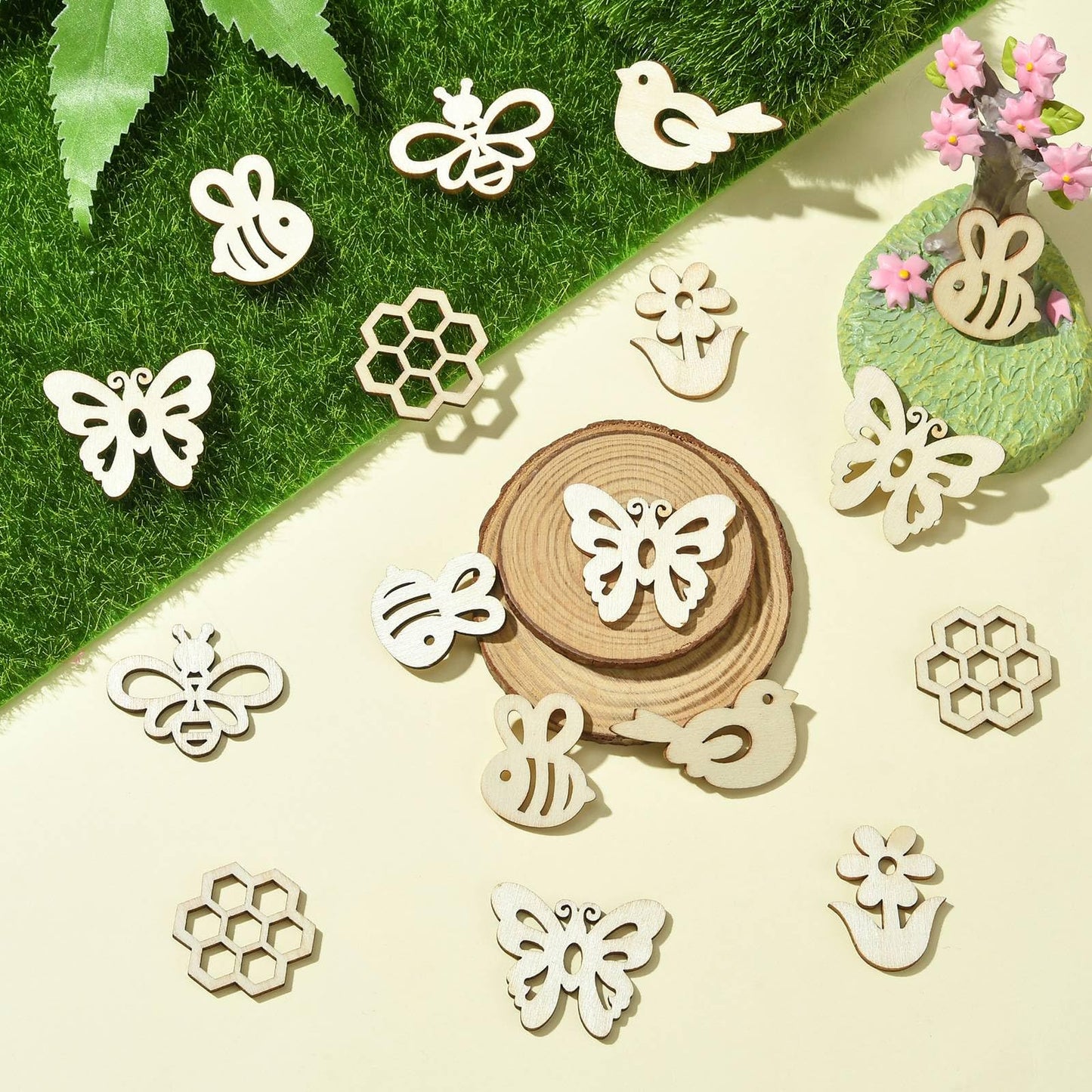 UR URLIFEHALL 200 pcs Random Wooden Spring Ornaments to Paint Blank Unfinished Flower Butterfly Bee Wood Cutouts for Crafts Hanging Decorations