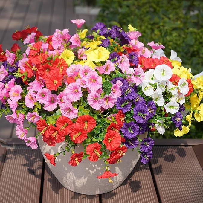 Artificial Flowers for Outdoors, UV Resistant Fake Silk Morning Glory, Realistic Faux Plants for Outside Porch Patio Window Box Hanging Planter (12, Purple White Yellow Pink Red)