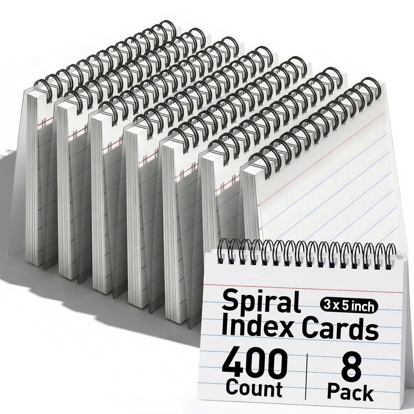 Koogel Spiral Index Cards 3x5 Ruled, 400 Count (5 Packs of 80) White Spiral Bound FlashCards with Waterproof Cover, Tear-Off Note Cards with Ring for Studying, School, Office & Memory