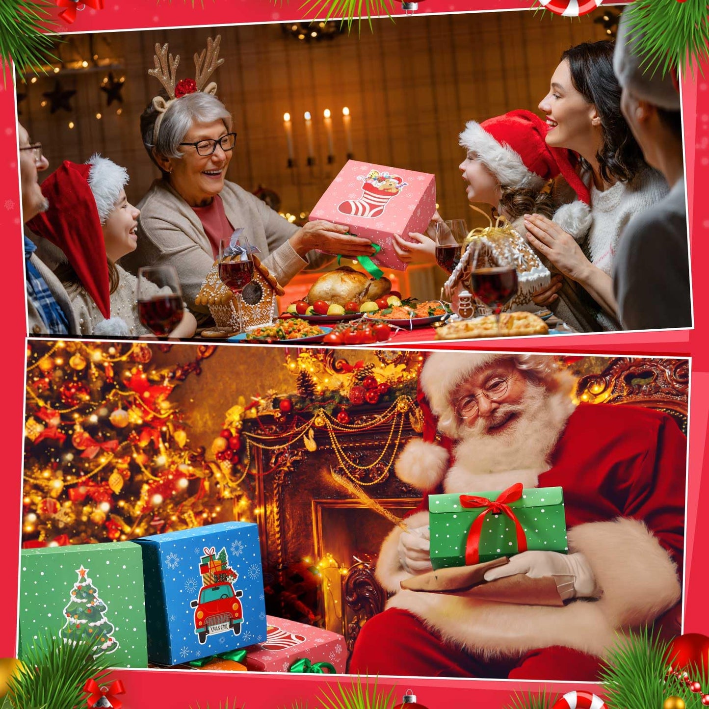 Eersida 24 Pack Christmas Gift Boxes with Lids Bulk 8 x 8 x 4 inches Gift Boxes for Christmas Presents with Bow Xmas Decorative Large Presents Boxes Empty Gift Boxes for Xmas Holiday, 12 Design