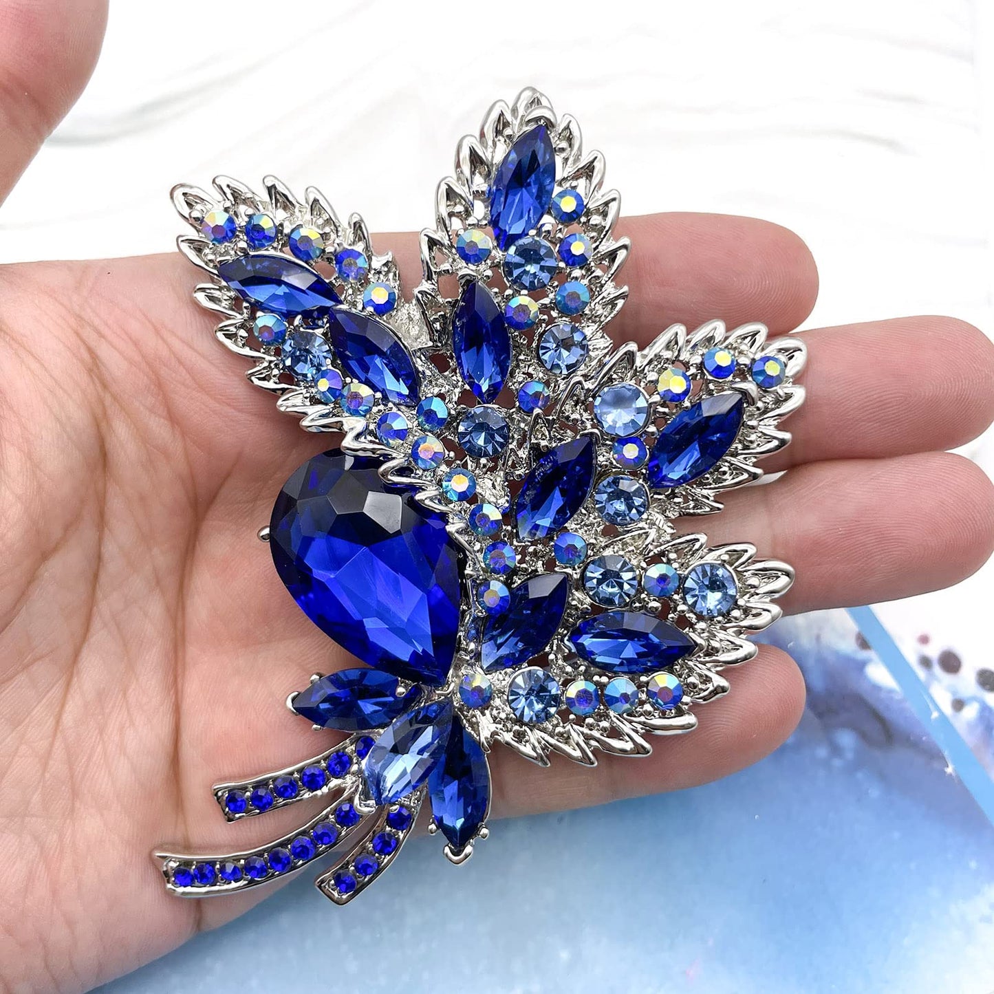 YOQUCOL Blue Austrian Crystal Leaf Shape Bouquet Big Large Brooch Pin Rhinestone Scarf Decoration Wreath Cloth Pin For Women
