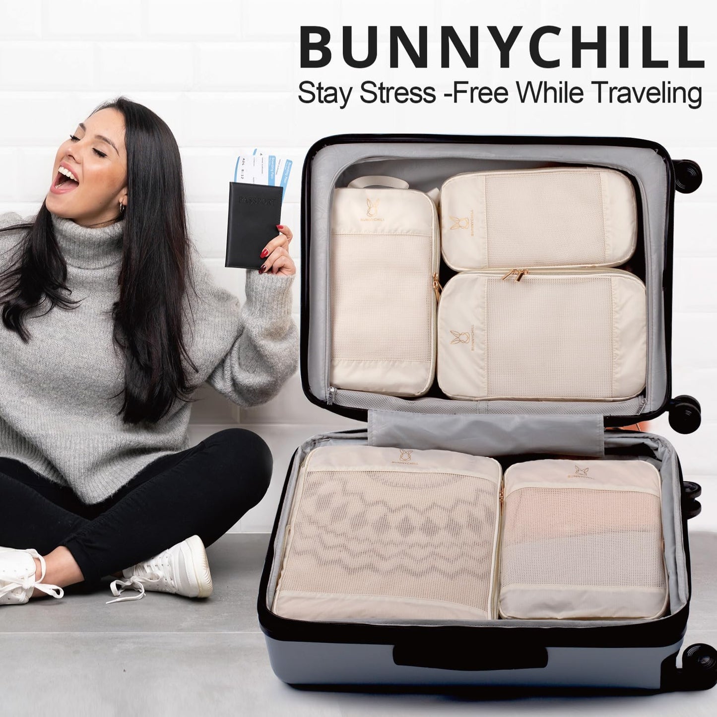 8 Set Compression Packing Cubes for Travel, Bunnychill Portable Zipper Packing Cube for Cloting, Expandable Space Saver Storage Luggage Organizer Bags for Suitcases(Beige)