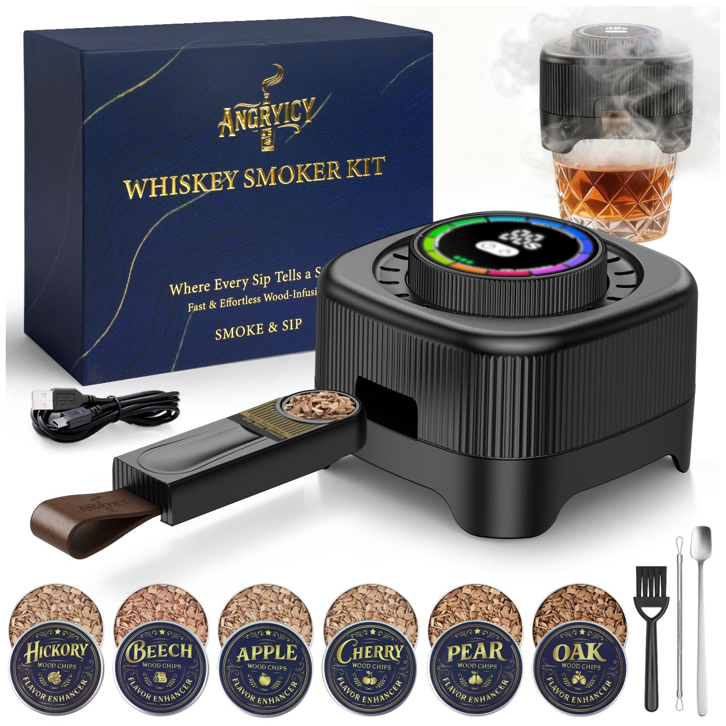 Electric Whiskey Smoker Kit with 0-60s Adjustable Timer, No Butane Needed, Cocktail Bourbon Drink Smoker Infuser Kit Smoke Whisky Set with 6 Wood Chips Flavors, Birthday Gifts for Men, Dad, Husband