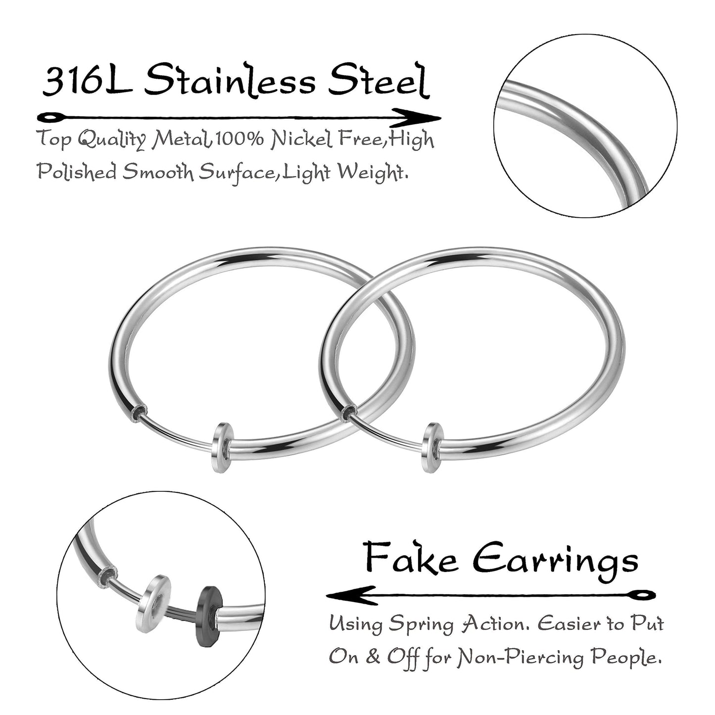 Stainless Steel 4 Pairs Set Clip On Hoop Earrings for Women Men Non Pierced Earrings Silver Set