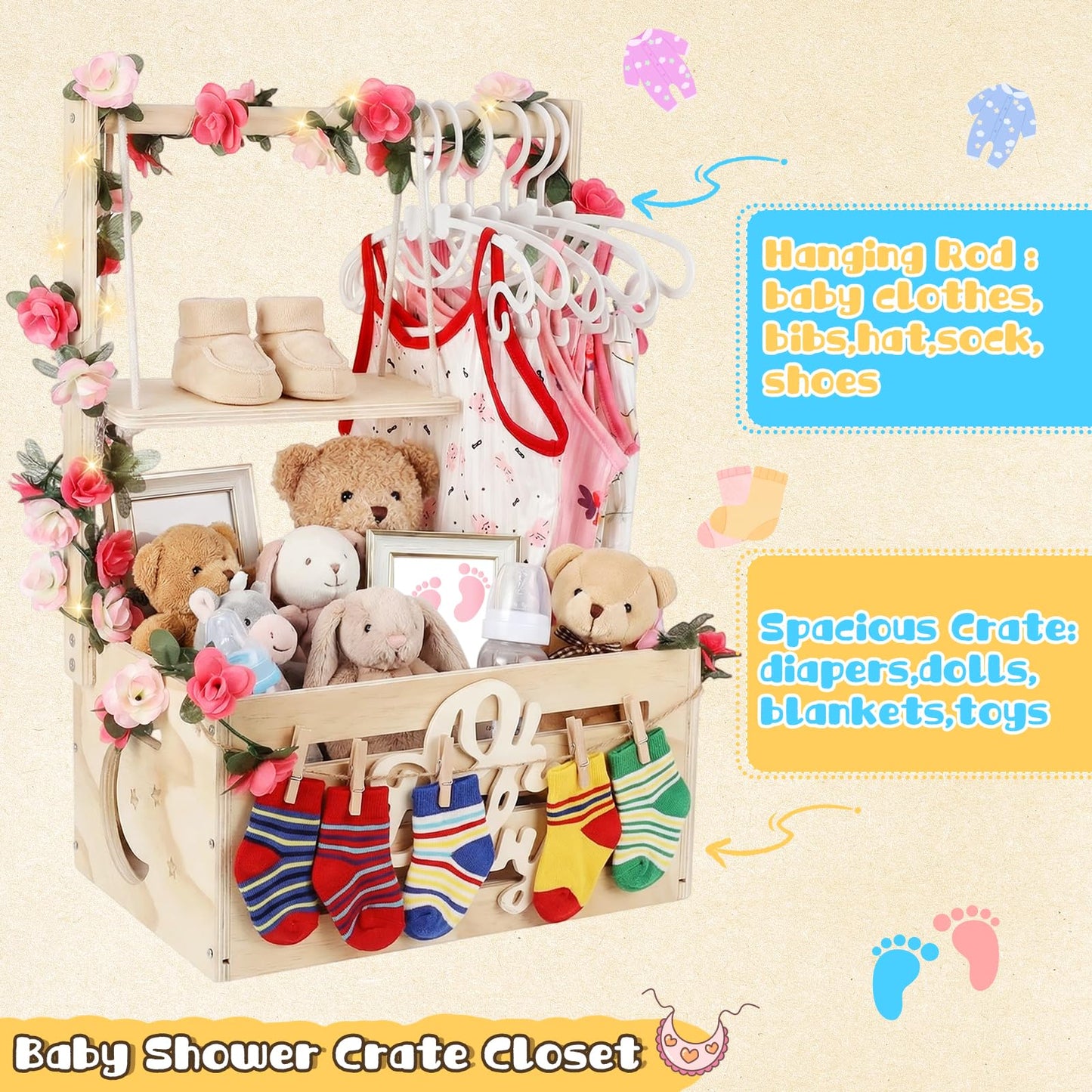 Wooden Baby Shower Crate Closet, Personalized Baby Gift Basket with Adjustable Handle, Include String Lights, Garland, 6 Hangers & 6 Clips - Unique Newborn Gift for Boys & Girls, Baptism,Birthday